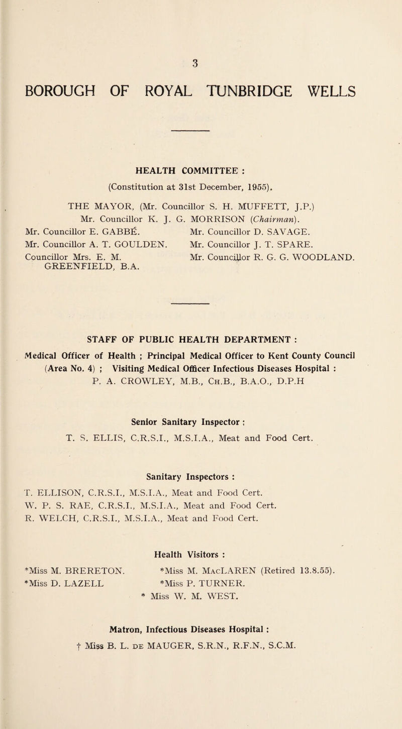 BOROUGH OF ROYAL TUNBRIDGE WELLS HEALTH COMMITTEE : (Constitution at 31st December, 1955). THE MAYOR, (Mr. Councillor S. H. MUFFETT, J.P.) Mr. Councillor K. J. G. MORRISON (Chairman). Mr. Councillor E. GABBE. Mr. Councillor D. SAVAGE. Mr. Councillor A. T. GOULDEN. Mr. Councillor J. T. SPARE. Councillor Mrs. E. M. Mr. Councillor R. G. G. WOODLAND. GREENFIELD, B.A. STAFF OF PUBLIC HEALTH DEPARTMENT : Medical Officer of Health ; Principal Medical Officer to Kent County Council (Area No. 4) ; Visiting Medical Officer Infectious Diseases Hospital : P. A. CROWLEY, M.B., Ch.B., B.A.O., D.P.H Senior Sanitary Inspector ; T. S. ELLIS, C.R.S.I., M.S.I.A., Meat and Food Cert. Sanitary Inspectors : T. ELLISON, C.R.S.I., M.S.I.A., Meat and Food Cert. W. P. S. RAE, C.R.S.I., M.S.I.A., Meat and Food Cert. R. WELCH, C.R.S.I., M.S.I.A., Meat and Food Cert. *Miss M. BRERETON. *Miss D. LAZELL Health Visitors : *Miss M. MacLAREN (Retired 13.8.55). *Miss P. TURNER. * Miss W. M. WEST. Matron, Infectious Diseases Hospital : t Miss B. L. de MAUGER, S.R.N., R.F.N., S.C.M.