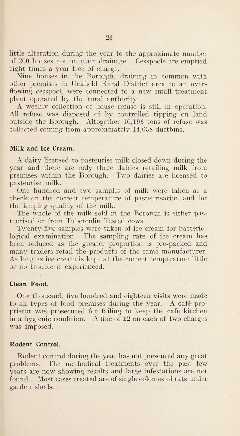 little alteration during the year to the approximate number of 200 houses not on main drainage. Cesspools are emptied eight times a year free of charge. Nine houses in the Borough, draining in common with other premises in Uckheld Rural District area to an over¬ flowing cesspool, were connected to a new small treatment plant operated by the rural authority. A weekly collection of house refuse is still in operation. All refuse was disposed of by controlled tipping on land outside the Borough. Altogether 10,196 tons of refuse was collected coming from approximately 14,638 dustbins. Milk and Ice Cream. A dairy licensed to pasteurise milk closed down during the year and there are only three dairies retailing milk from premises within the Borough. Two dairies are licensed to pasteurise milk. One hundred and two samples of milk were taken as a check on the correct temperature of pasteurisation and for the keeping quality of the milk. The whole of the milk sold in the Borough is either pas¬ teurised or from Tuberculin Tested cows. Twenty-five samples were taken of ice cream for bacterio¬ logical examination. The sampling rate of ice cream has been reduced as the greater proportion is pre-packed and many traders retail the products of the same manufacturer. As long as ice cream is kept at the correct temperature little or no trouble is experienced. Clean Food. One thousand, five hundred and eighteen visits were made to all types of food premises during the year. A cafe pro¬ prietor was prosecuted for failing to keep the cafe kitchen in a hygienic condition. A fine of £2 on each of two charges was imposed. Rodent Control. Rodent control during the year has not presented any great problems. The methodical treatments over the past few years are now showing results and large infestations are not found. Most cases treated are of single colonies of rats under garden sheds.