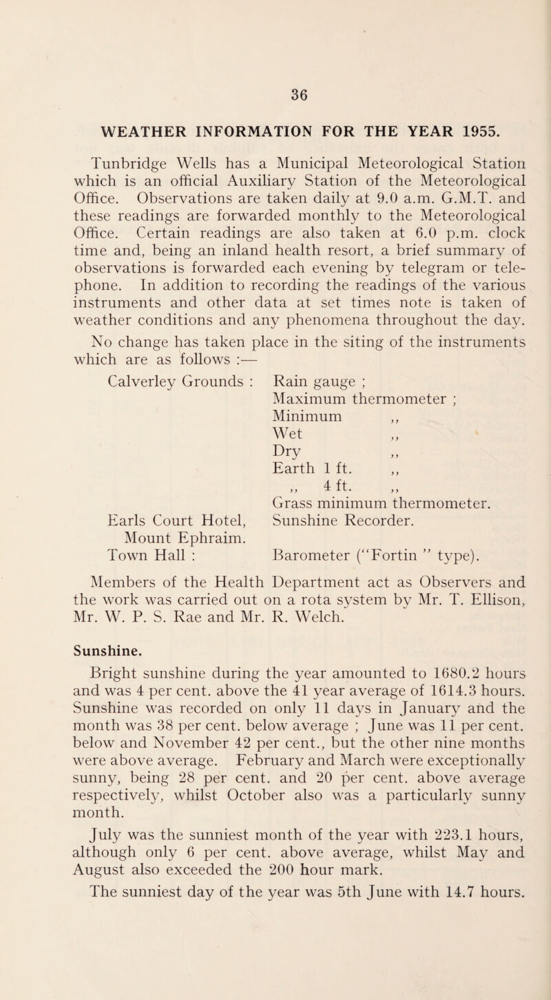 WEATHER INFORMATION FOR THE YEAR 1955. Tunbridge Wells has a Municipal Meteorological Station which is an official Auxiliary Station of the Meteorological Office. Observations are taken daily at 9.0 a.m. G.M.T. and these readings are forwarded monthly to the Meteorological Office. Certain readings are also taken at 6.0 p.m. clock time and, being an inland health resort, a brief summary of observations is forwarded each evening by telegram or tele¬ phone. In addition to recording the readings of the various instruments and other data at set times note is taken of weather conditions and any phenomena throughout the day. No change has taken place in the siting of the instruments which are as follows :— Calverley Grounds : Earls Court Hotel, Mount Ephraim. Town Hall : Members of the Health Department act as Observers and the work was carried out on a rota system by Mr. T. Ellison, Mr. W. P. S. Rae and Mr. R. Welch. Sunshine. Bright sunshine during the year amounted to 1680.2 hours and was 4 per cent, above the 41 year average of 1614.3 hours. Sunshine was recorded on only 11 days in January and the month was 38 per cent, below average ; June was 11 per cent, below and November 42 per cent., but the other nine months were above average. February and March were exceptionally sunny, being 28 per cent, and 20 per cent, above average respectively, whilst October also was a particularly sunny month. July was the sunniest month of the year with 223.1 hours, although only 6 per cent, above average, whilst May and August also exceeded the 200 hour mark. The sunniest day of the year was 5th June with 14.7 hours. Rain gauge ; Maximum thermometer ; Minimum Wet Dry Earth 1 ft. ,, 4 ft. Grass minimum thermometer. Sunshine Recorder. Barometer (“Fortin ” type).