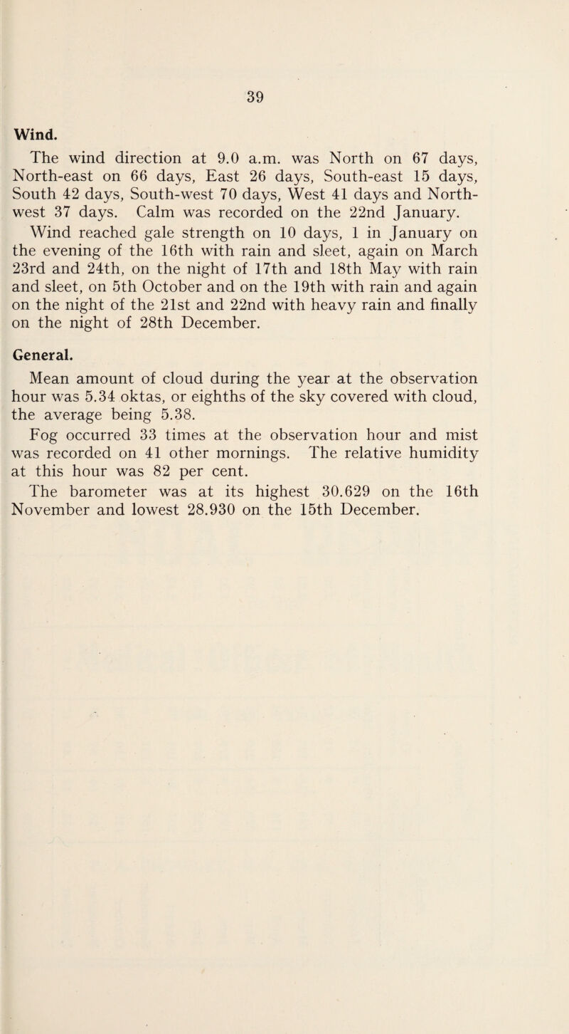 Wind. The wind direction at 9.0 a.m. was North on 67 days, North-east on 66 days, East 26 days, South-east 15 days, South 42 days, South-west 70 days. West 41 days and North¬ west 37 days. Calm was recorded on the 22nd January. Wind reached gale strength on 10 days, 1 in January on the evening of the 16th with rain and sleet, again on March 23rd and 24th, on the night of 17th and 18th May with rain and sleet, on 5th October and on the 19th with rain and again on the night of the 21st and 22nd with heavy rain and finally on the night of 28th December. General. Mean amount of cloud during the year at the observation hour was 5.34 oktas, or eighths of the sky covered with cloud, the average being 5.38. Fog occurred 33 times at the observation hour and mist was recorded on 41 other mornings. The relative humidity at this hour was 82 per cent. The barometer was at its highest 30.629 on the 16th November and lowest 28.930 on the 15th December.