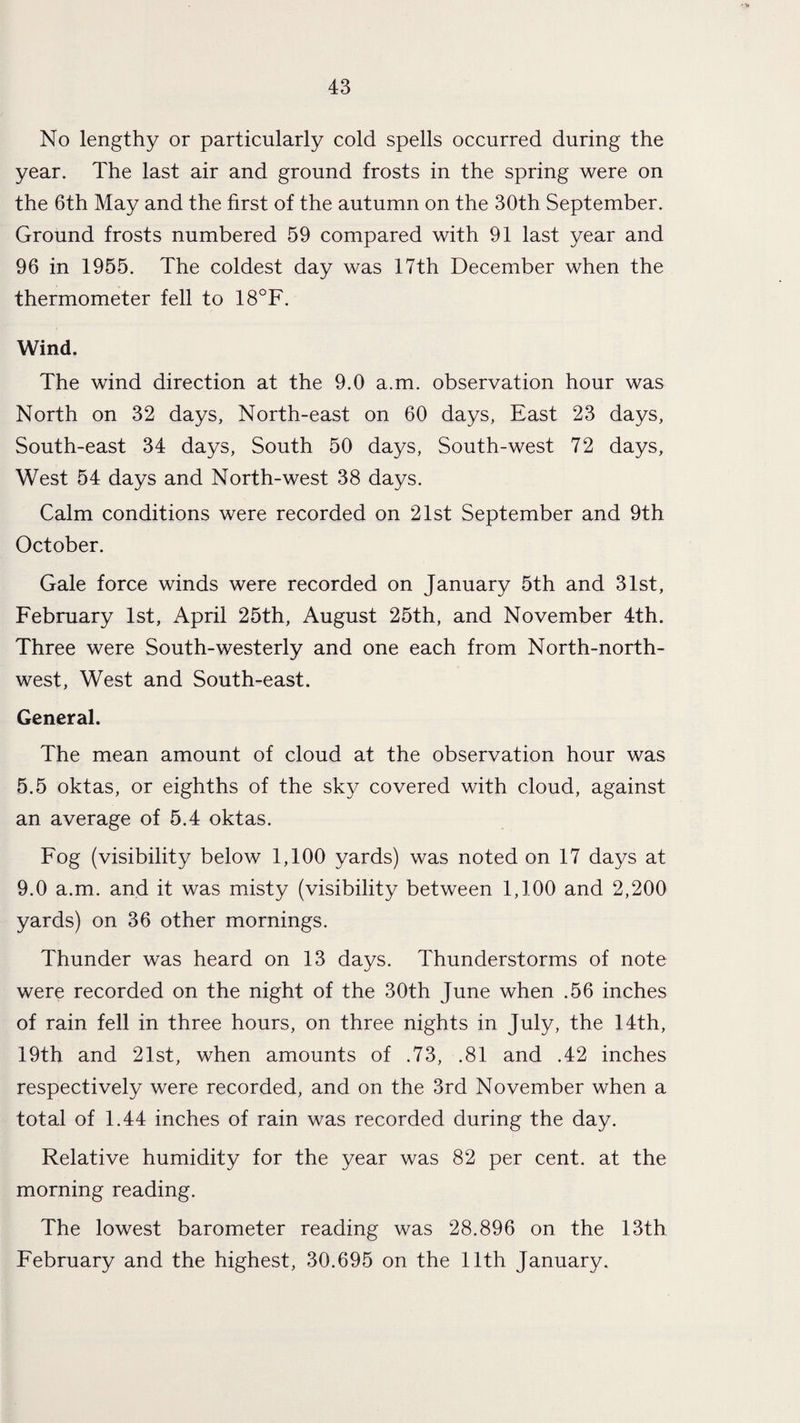 No lengthy or particularly cold spells occurred during the year. The last air and ground frosts in the spring were on the 6th May and the first of the autumn on the 30th September. Ground frosts numbered 59 compared with 91 last year and 96 in 1955. The coldest day was 17th December when the thermometer fell to 18°F. Wind. The wind direction at the 9.0 a.m. observation hour was North on 32 days, North-east on 60 days, East 23 days. South-east 34 days. South 50 days. South-west 72 days. West 54 days and North-west 38 days. Calm conditions were recorded on 21st September and 9th October. Gale force winds were recorded on January 5th and 31st, February 1st, April 25th, August 25th, and November 4th. Three were South-westerly and one each from North-north¬ west, West and South-east. General. The mean amount of cloud at the observation hour was 5.5 oktas, or eighths of the sky covered with cloud, against an average of 5.4 oktas. Fog (visibility below 1,100 yards) was noted on 17 days at 9.0 a.m. and it was misty (visibility between 1,100 and 2,200 yards) on 36 other mornings. Thunder was heard on 13 days. Thunderstorms of note were recorded on the night of the 30th June when .56 inches of rain fell in three hours, on three nights in July, the 14th, 19th and 21st, when amounts of .73, .81 and .42 inches respectively were recorded, and on the 3rd November when a total of 1.44 inches of rain was recorded during the day. Relative humidity for the year was 82 per cent, at the morning reading. The lowest barometer reading was 28.896 on the 13th February and the highest, 30.695 on the 11th January.