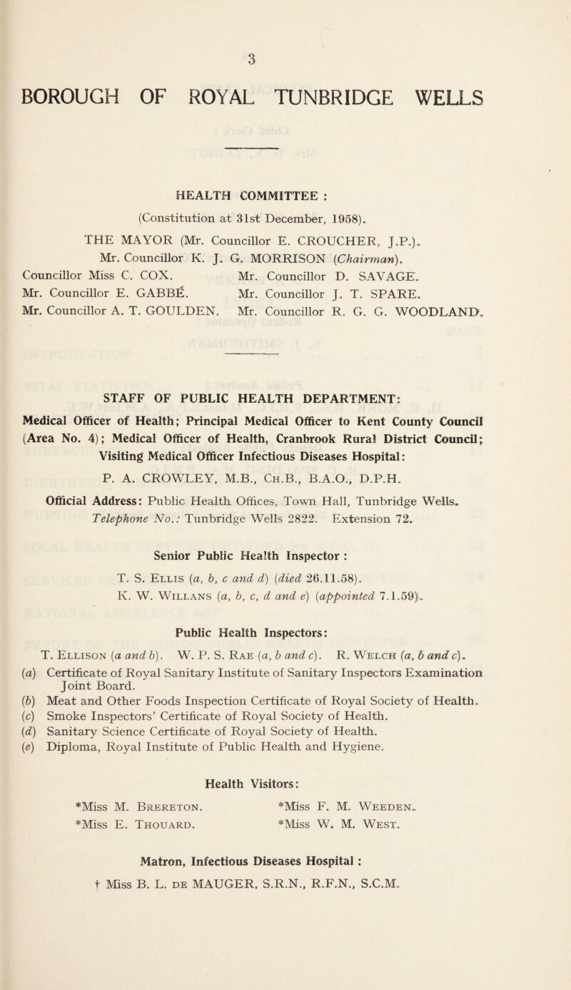 BOROUGH OF ROYAL TUNBRIDGE WELLS HEALTH COMMITTEE : (Constitution at 31st December, 1958). THE MAYOR (Mr. Councillor E. CROUCHER, J.P.). Mr. Councillor K. J. G. MORRISON (Chairman). Councillor Miss C. COX. Mr. Councillor D. SAVAGE. Mr. Councillor E. GABBE. Mr. Councillor J. T. SPARE. Mr. Councillor A. T. GOULDEN. Mr. Councillor R. G. G. WOODLAND, STAFF OF PUBLIC HEALTH DEPARTMENT: Medical Officer of Health; Principal Medical Officer to Kent County Council (Area No. 4); Medical Officer of Health, Cranbrook Rural District Council; Visiting Medical Officer Infectious Diseases Hospital: P. A. CROWLEY, M.B., Ch.B., B.A.O., D.P.H. Official Address: Public Health Offices, Town Hall, Tunbridge Wells. Telephone No.: Tunbridge Wells 2822. Extension 72. Senior Public Health Inspector : T. S. Ellis (a, b, c and d) (died 26.11.58). K. W. Willans (a, b, c, d and e) (appointed 7.1.59). Public Health Inspectors: T. Ellison (a and b). W. P. S. Rae (a, b and c). R. Welch (a, b and c). (a) Certificate of Royal Sanitary Institute of Sanitary Inspectors Examination Joint Board. (b) Meat and Other Foods Inspection Certificate of Royal Society of Health. (c) Smoke Inspectors’ Certificate of Royal Society of Health. (d) Sanitary Science Certificate of Royal Society of Health. (e) Diploma, Royal Institute of Public Health and Hygiene. Health Visitors: *Miss M. Brereton. *Miss F. M. Weeden. *Miss E. Thouard. *Miss W. M. West. Matron, Infectious Diseases Hospital: f Miss B. L. de MAUGER, S.R.N., R.F.N., S.C.M.