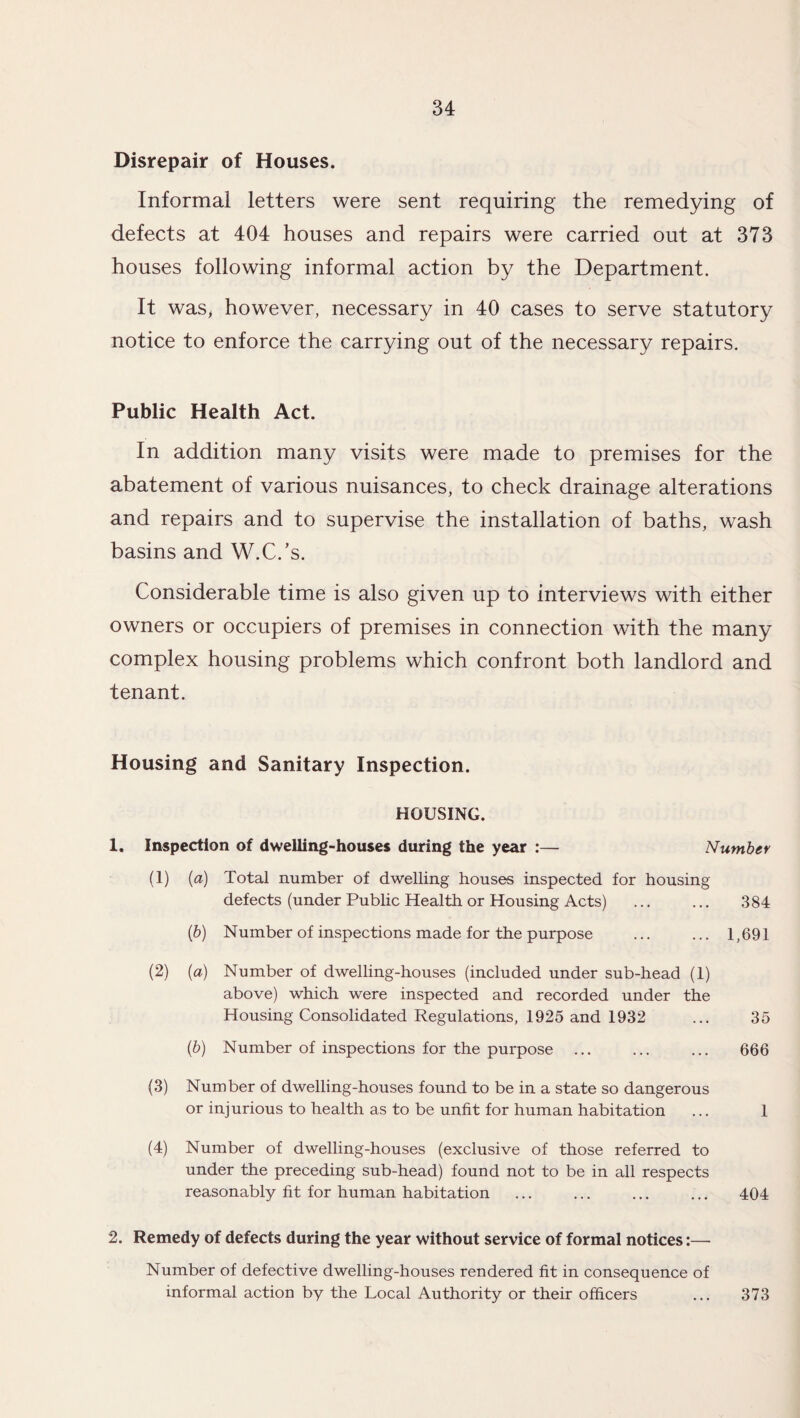 Disrepair of Houses. Informal letters were sent requiring the remedying of defects at 404 houses and repairs were carried out at 373 houses following informal action by the Department. It was, however, necessary in 40 cases to serve statutory notice to enforce the carrying out of the necessary repairs. Public Health Act. In addition many visits were made to premises for the abatement of various nuisances, to check drainage alterations and repairs and to supervise the installation of baths, wash basins and W.C.’s. Considerable time is also given up to interviews with either owners or occupiers of premises in connection with the many complex housing problems which confront both landlord and tenant. Housing and Sanitary Inspection. HOUSING. 1. Inspection of dwelling-houses during the year :— Number (1) (a) Total number of dwelling houses inspected for housing defects (under Public Health or Housing Acts) ... ... 384 (b) Number of inspections made for the purpose ... ... 1,691 (2) (a) Number of dwelling-houses (included under sub-head (1) above) which were inspected and recorded under the Housing Consolidated Regulations, 1925 and 1932 ... 35 (b) Number of inspections for the purpose ... ... ... 666 (3) Number of dwelling-houses found to be in a state so dangerous or injurious to health as to be unfit for human habitation ... 1 (4) Number of dwelling-houses (exclusive of those referred to under the preceding sub-head) found not to be in all respects reasonably fit for human habitation ... ... ... ... 404 2. Remedy of defects during the year without service of formal notices:—- Number of defective dwelling-houses rendered fit in consequence of informal action by the Local Authority or their officers ... 373