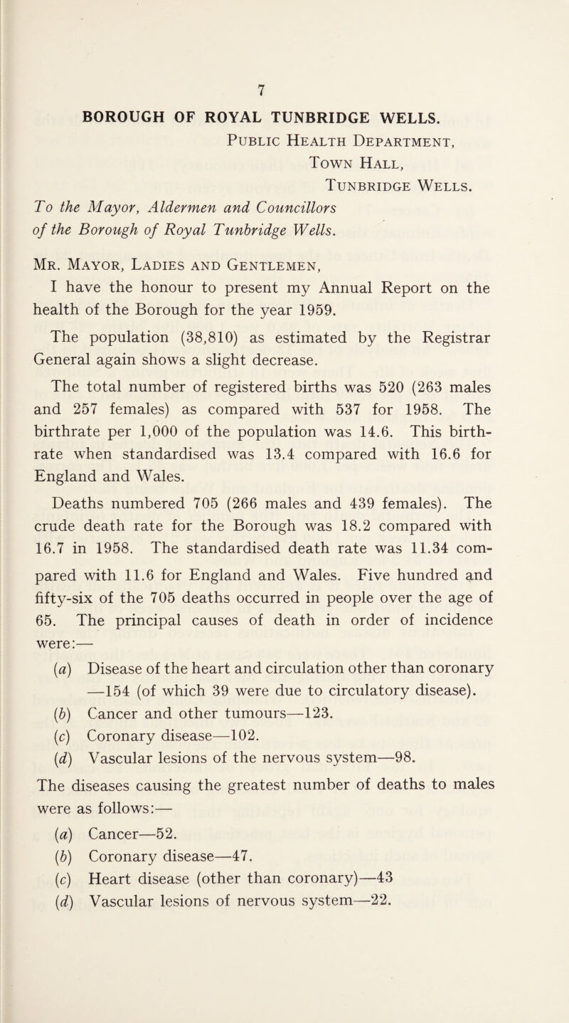 BOROUGH OF ROYAL TUNBRIDGE WELLS. Public Health Department, Town Hall, Tunbridge Wells. To the Mayor, Aldermen and Councillors of the Borough of Royal Tunbridge Wells. Mr. Mayor, Ladies and Gentlemen, I have the honour to present my Annual Report on the health of the Borough for the year 1959. The population (38,810) as estimated by the Registrar General again shows a slight decrease. The total number of registered births was 520 (263 males and 257 females) as compared with 537 for 1958. The birthrate per 1,000 of the population was 14.6. This birth¬ rate when standardised was 13.4 compared with 16.6 for England and Wales. Deaths numbered 705 (266 males and 439 females). The crude death rate for the Borough was 18.2 compared with 16.7 in 1958. The standardised death rate was 11.34 com¬ pared with 11.6 for England and Wales. Five hundred and fifty-six of the 705 deaths occurred in people over the age of 65. The principal causes of death in order of incidence were:— (a) Disease of the heart and circulation other than coronary —154 (of which 39 were due to circulatory disease). (b) Cancer and other tumours—123. (c) Coronary disease—102. (d) Vascular lesions of the nervous system—98. The diseases causing the greatest number of deaths to males were as follows:— (a) Cancer—52. (b) Coronary disease—47. (c) Heart disease (other than coronary)—43 (d) Vascular lesions of nervous system—22.