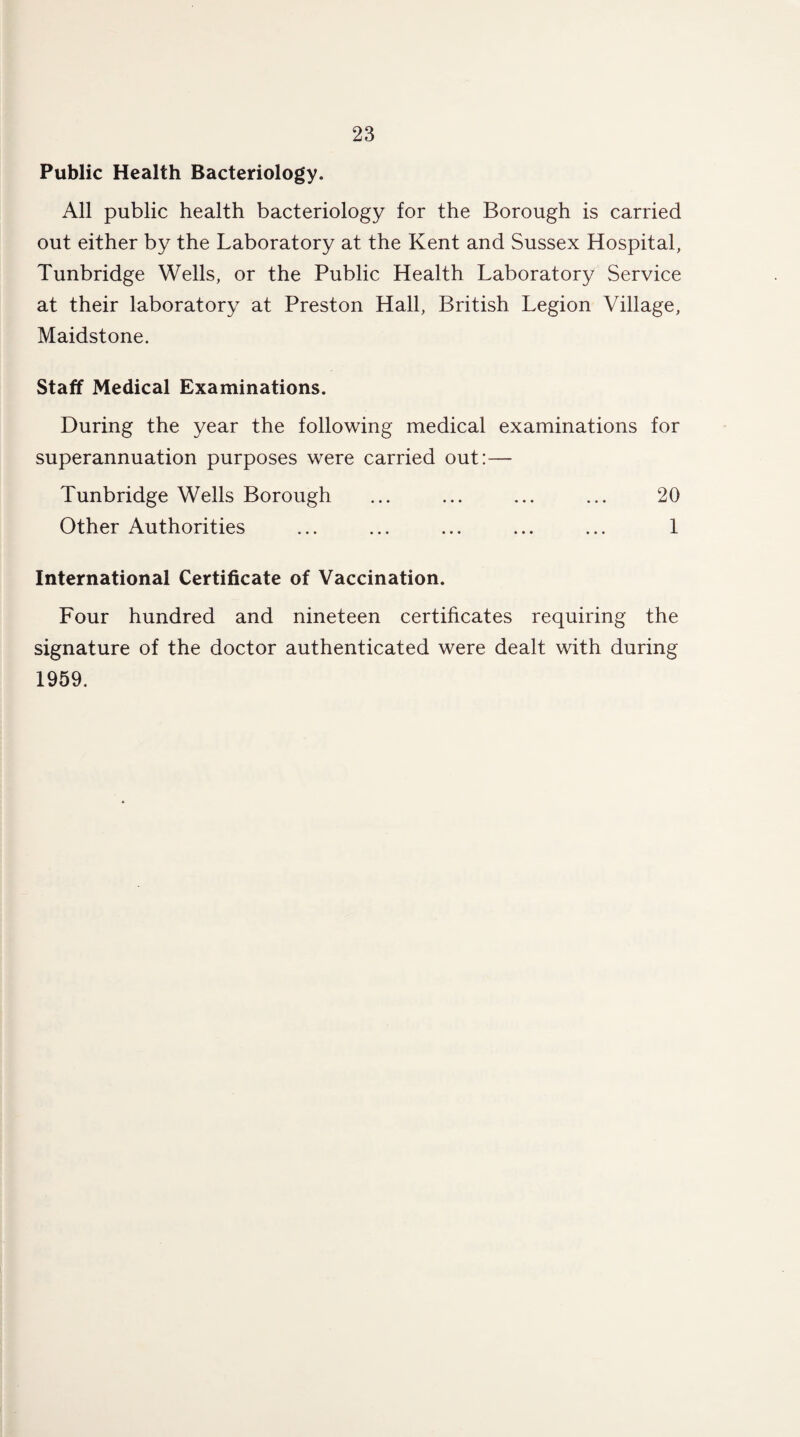 Public Health Bacteriology. All public health bacteriology for the Borough is carried out either by the Laboratory at the Kent and Sussex Hospital, Tunbridge Wells, or the Public Health Laboratory Service at their laboratory at Preston Hall, British Legion Village, Maidstone. Staff Medical Examinations. During the year the following medical examinations for superannuation purposes were carried out:— Tunbridge Wells Borough ... ... ... ... 20 Other Authorities ... ... ... ... ... 1 International Certificate of Vaccination. Four hundred and nineteen certificates requiring the signature of the doctor authenticated were dealt with during 1959.