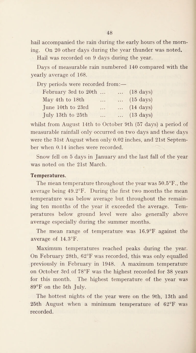 hail accompanied the rain during the early hours of the morn¬ ing. On 20 other days during the year thunder was noted. Hail was recorded on 9 days during the year. Days of measurable rain numbered 140 compared with the yearly average of 168. Dry periods were recorded from:— February 3rd to 20th ... ... (18 days) May 4th to 18th ... ... (15 days) June 10th to 23rd ... ... (14 days) July 13th to 25th ... ... (13 days) whilst from August 14th to October 9th (57 days) a period of measurable rainfall only occurred on two days and these days were the 31st August when only 0.02 inches, and 21st Septem¬ ber when 0.14 inches were recorded. Snow fell on 5 days in January and the last fall of the year was noted on the 21st March. Temperatures. The mean temperature throughout the year was 50.5°F., the average being 49.2°F. During the first two months the mean temperature was below average but throughout the remain¬ ing ten months of the year it exceeded the average. Tem¬ peratures below ground level were also generally above average especially during the summer months. The mean range of temperature was 16.9°F against the average of 14.3°F. Maximum temperatures reached peaks during the year. On February 28th, 62°F was recorded, this was only equalled previously in February in 1948. A maximum temperature on October 3rd of 78°F was the highest recorded for 38 years for this month. The highest temperature of the year was 89°F on the 5th July. The hottest nights of the year were on the 9th, 13th and 25th August when a minimum temperature of 62°F was recorded.