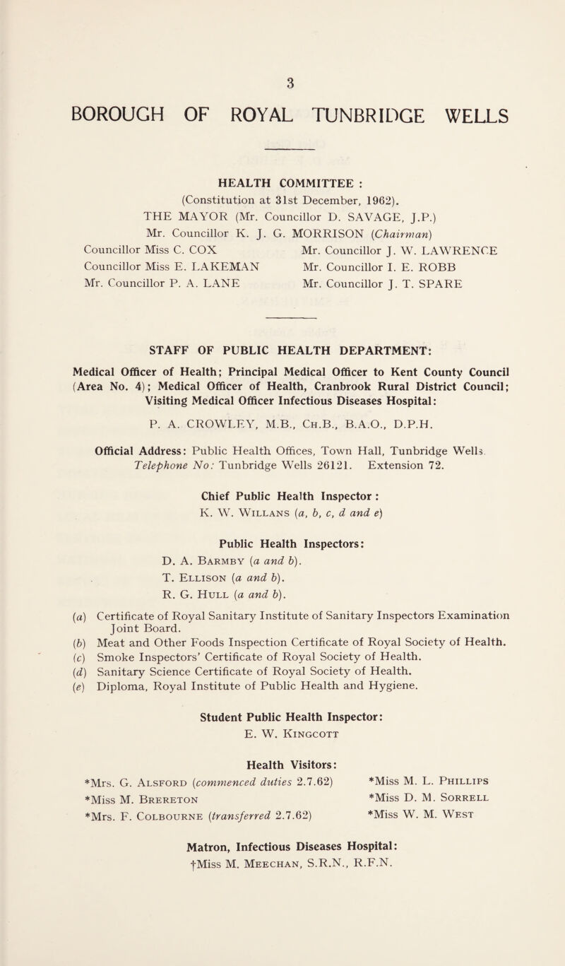 BOROUGH OF ROYAL TUNBRIDGE WELLS HEALTH COMMITTEE : (Constitution at 31st December, 1962), THE MAYOR (Mr. Councillor D. SAVAGE, J.P.) Mr. Councillor K. J. G. MORRISON (Chairman) Councillor Miss C. COX Councillor Miss E. LAKEMAN Mr. Councillor P. A. LANE Mr. Councillor J. W. LAWRENCE Mr. Councillor I. E. ROBB Mr. Councillor J. T. SPARE STAFF OF PUBLIC HEALTH DEPARTMENT: Medical Officer of Health; Principal Medical Officer to Kent County Council (Area No. 4); Medical Officer of Health, Cranbrook Rural District Council; Visiting Medical Officer Infectious Diseases Hospital: P. A. CROWLEY, M.B., Ch.B., B.A.O., D.P.H. Official Address: Public Health Offices, Town Hall, Tunbridge Wells Telephone No: Tunbridge Wells 26121. Extension 72. Chief Public Health Inspector : K. W. Willans (a, b, c, d and e) Public Health Inspectors: D. A. Barmby (a and b). T. Ellison (a and b). R. G. Hull (a and b). (a) Certificate of Royal Sanitary Institute of Sanitary Inspectors Examination Joint Board. (b) Meat and Other Foods Inspection Certificate of Royal Society of Health. (c) Smoke Inspectors’ Certificate of Royal Society of Health. (d) Sanitary Science Certificate of Royal Society of Health. (e) Diploma, Royal Institute of Public Health and Hygiene. Student Public Health Inspector: E. W. Kingcott Health Visitors: *Mrs. G. Alsford (commenced duties 2.7.62) ♦Miss M. Brereton ♦Mrs. F. Colbourne (transferred 2.7.62) ♦Miss M. L. Phillips ♦Miss D. M. Sorrell ♦Miss W. M. West Matron, Infectious Diseases Hospital: -j-Miss M. Meechan, S.R.N., R.F.N.