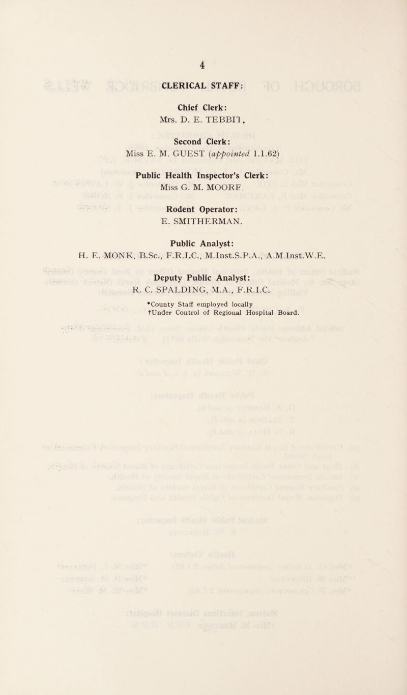 CLERICAL STAFF: Chief Clerk: Mrs. D. E. TEBBIl. Second Clerk: Miss E. M. GUEST (appointed 1.1.62) Public Health Inspector’s Clerk: Miss G. M. MOORE. Rodent Operator: E. SMITHERMAN. Public Analyst: H. E. MONK, B.Sc., F.R.I.C., M.Inst.S.P.A., A.M.Inst.W.E. Deputy Public Analyst: R. C. SPALDING, M.A., F.R.I.C. * County Staff employed locally tUnder Control of Regional Hospital Board.