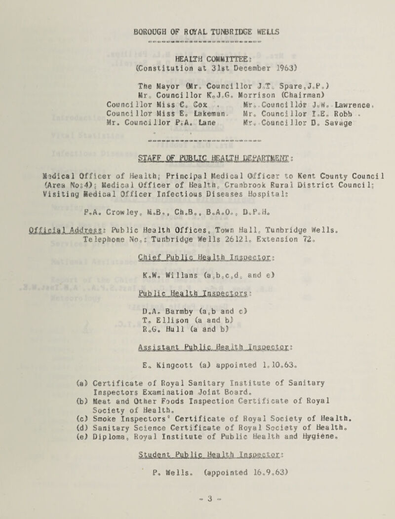 HEALTH COMMITTEE? (Constitution at 31st December 1963) The Mayor (Mr., Councillor <3-,Tb Spare, J,P ,) Mr, Councillor KT0J.G® Morrison (Chairman) Councillor Miss Co Cox * Mr*,Counci 1 Ids? Lawrence.. Councillor Miss E* Lakeman Mrc, Councillor I.,E» Robb » Mr. Councillor P*A« Lane Mr* Councillor 0« Savage STAFF OF PUBLIC HEALTH jgPABTMEJg s Medical Officer of Health; Principal Medical Officer to Kent County Council (Area Nos4)j Medical Officer of Health, Cranbrook Rural District Council? Visiting iedieal Officer Infectious Diseases Hospitals P*A, Crowley, MoB*„ Ch.Bo, BoAe0oo DoPoH0 Official Address? Public Health Offices, Town Hall, Tunbridge Weils. Telephone No, s Tunbridge Wells 26121, Extension 72, Chief Public Health In suer.: or • K,W„ Willans (a0b0c,d0 and e) D,A* Barmby (a0b and c) T, Ellison (a and b) RoGo Hull (a and b) As-si&t.ajit„PuMi&Jm ° E* Kingcott (a) appointed 1,10,63, (a) Certificate of Royal Sanitary Institute of Sanitary Inspectors Examination Joint Board, (b) Meat and Other Foods Inspection Certificate of Royal Society of Health. (c) Smoke Inspectors0 Certificate of Royal Society of Health. (d) Sanitary Science Certificate of Royal Society of Health, (e) Diploma, Royal Institute of Public Health and Hygiene, Student Public Health Inspectors P, Wells, (appointed 16,9.63)