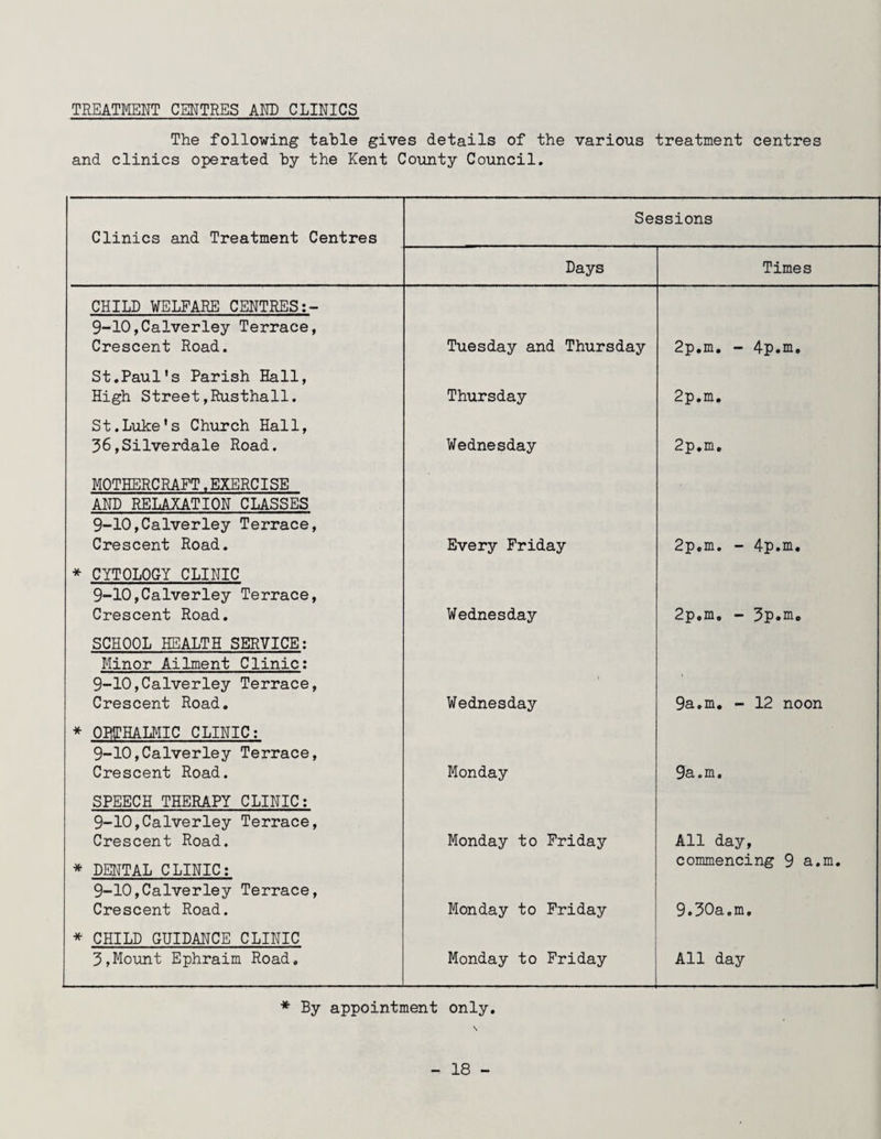 TREATMENT CENTRES AND CLINICS The following table gives details of the various treatment centres and clinics operated by the Kent County Council. Clinics and Treatment Centres Sessions Days Times CHILD WELFARE CENTRES:- 9-10,Calverley Terrace, Crescent Road. Tuesday and Thursday 2p.m. - 4p.m. St.Paul's Parish Hall, High Street,Rusthall. Thursday 2p.m. St.Luke's Church Hall, 36,Silverdale Road. Wednesday 2p.m. MOTHERCRAFT.EXERCISE AND RELAXATION CLASSES 9-10,Calverley Terrace, Crescent Road. Every Friday 2p.m. - 4p.m. * CYTOLOGY CLINIC 9-10,Calverley Terrace, Crescent Road. Wednesday 2p.m. - 3p.m. SCHOOL HEALTH SERVICE: Minor Ailment Clinic: 9-10,Calverley Terrace, Crescent Road. Wednesday 9a.m. - 12 noon * OBTHALMIC CLINIC: 9-10,Calverley Terrace, Crescent Road. Monday 9a.m. SPEECH THERAPY CLINIC: 9-10,Calverley Terrace, Crescent Road. Monday to Friday All day. * DENTAL CLINIC: commencing 9 a.m. 9-10,Calverley Terrace, Crescent Road. Monday to Friday 9.30a.m. * CHILD GUIDANCE CLINIC 3,Mount Ephraim Road. Monday to Friday All day * By appointment only.