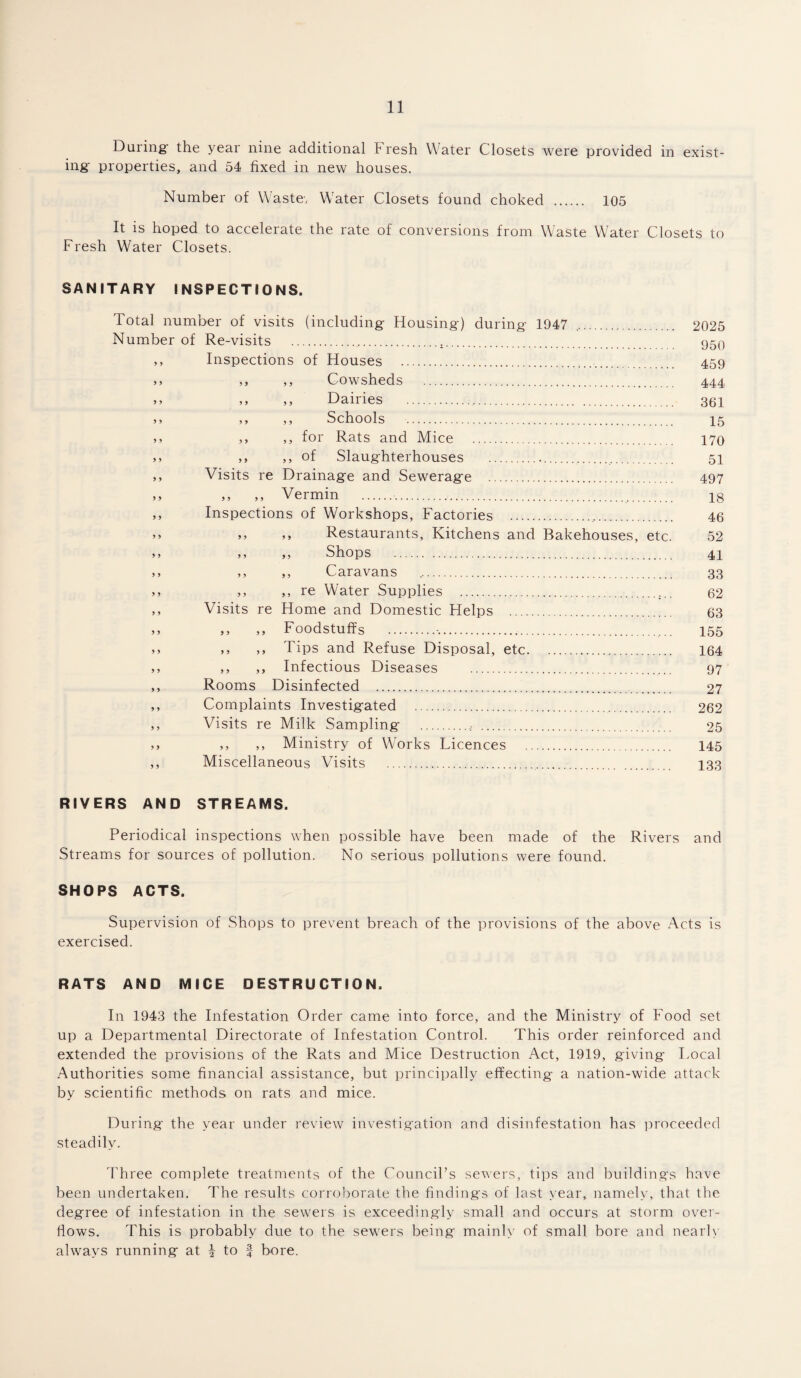 During- the year nine additional Fresh Water Closets were provided in exist¬ ing- properties, and 54 fixed in new houses. Number of Waste-, Water Closets found choked . 105 It is hoped to accelerate the rate of conversions from Waste Water Closets to Fresh Water Closets. SANITARY INSPECTIONS. Total number of visits (including Housing) during 1947 . 2025 Number of Re-visits . 950 ,, Inspections of Houses . 459 >> ,, ,, Cowsheds . 444 >> ,, ,, Dairies . 361 ,, ,, Schools . 15 ,, ,, ,, for Rats and Mice . 170 >> ,, ,, of Slaughterhouses ..... 51 ,, Visits re Drainage and Sewerage . 497 „ „ Vermin . 18 ,, Inspections of Workshops, Factories . 46 >> >, ,, Restaurants, Kitchens and Bakehouses, etc. 52 »> )) >5 Shops . 41 >> ,, ,, Caravans . 33 >, ,, ,, re Water Supplies . 62 ,, Visits re Home and Domestic Helps . 63 >> ,, ,, Foodstuffs .-.. 155 >> ,, ,, Tips and Refuse Disposal, etc. 164 ,, ,, ,, Infectious Diseases . 97 ,, Rooms Disinfected . 27 ,, Complaints Investigated . 262 ,, Visits re Milk Sampling ., . 25 ,, ,, ,, Ministry of Works Licences . 145 ,, Miscellaneous Visits . 133 RIVERS AND STREAMS. Periodical inspections when possible have been made of the Rivers and Streams for sources of pollution. No serious pollutions were found. SHOPS ACTS. Supervision of Shops to prevent breach of the provisions of the above Acts is exercised. RATS AND MICE DESTRUCTION. In 1943 the Infestation Order came into force, and the Ministry of Food set up a Departmental Directorate of Infestation Control. This order reinforced and extended the provisions of the Rats and Mice Destruction Act, 1919, giving Local Authorities some financial assistance, but principally effecting a nation-wide attack by scientific methods on rats and mice. During the year under review investigation and disinfestation has proceeded steadily. Three complete treatments of the Council’s sewers, tips and buildings have been undertaken. The results corroborate the findings of last year, namely, that the degree of infestation in the sewers is exceedingly small and occurs at storm over¬ flows. This is probably due to the sewers being mainly of small bore and nearly always running at £ to f bore.