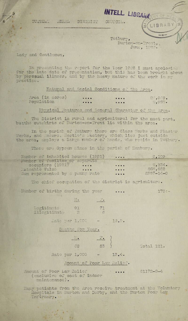for the lato date of presentation, but this has boon brought about by 'personal illness, and by the heavy • nature of the work in my practice ■. natural and Social Conditions of the Area. Area (in acros) Population o o • • • • • • ^ • o o o • • ft ? Of9. 0,932. Physical features end Sonoral Char a c t or cf_ _th1 r o a. The District is rural and agricultural for the most part. buttlic outskirts of Burton-on -Trent lie within the area. In the parish of Tut bur forms, and fossrs. Bostie's f the area, employs a largo nun -■ there c actory, bor of o *r» r. (**!■ 1 o cv <s; which lie hands, who 5 T r> ly o p yj D ~j r» 1- - •' 4/ a- It. ih Ctl 1 \.l j. J. sjj L- J. a just outside r osIdo in iut'burv. t. There are* Gypsum Lines In the parish of n ■ *m in iy>tv xJ.LjUi. --U A 9 Lumber of inhabited houses (1CC1) • •' • © 2,109 Lumber of families or separat'd occupiers (1921; .... .-.atoaolo Value ...» Sum represented by a penny rate e • • O • •90 • © © • ^, i ~ • BSD,S32 £357-14-0 Tno chioi occupation, oi the di surict is agriculture. Lumber of births during the •* r j\J. o year  j <5 • • • e 170 : - Legitimate 91 Illegitimate 2 71 • j- p- ~ -L ~ -r-\-n 1 r'r' A-Cj ot j S_. i. _i_ 1 - — 1 Q O --T ( • Deaths for Year jy. ) ) Total 1:7 On.i.o nnr 1,000 u f. - 13.4. Amount ‘ of Poor Law I:e 1 iof. Amount of Poor Law holief (exclusive of cost of indoor maintenance). • • • • £1172-3-4 many patients from the Area receive .treatment at the Volunteer; Hospitals in Burton and Derby, and the.Burton Poor Law , i Vir^rvvTfT -J_ i 1 - A-j. ' (