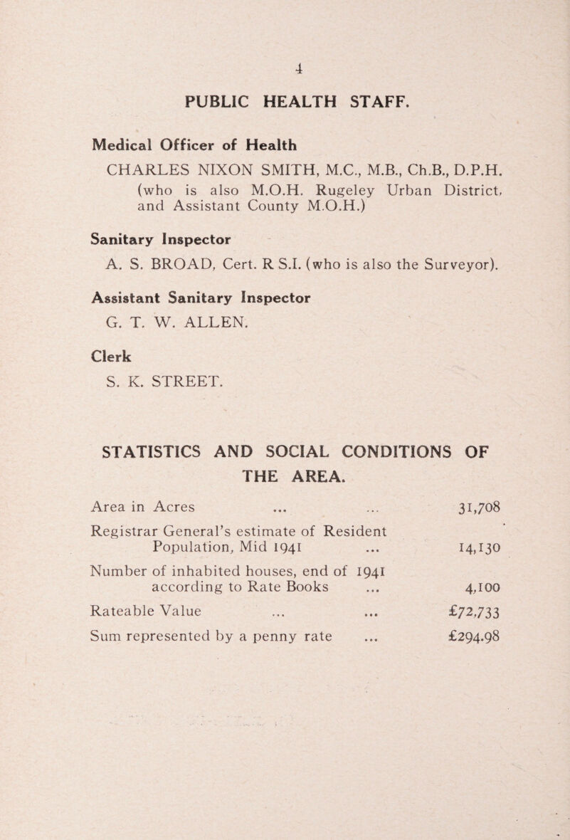 PUBLIC HEALTH STAFF. Medical Officer of Health CHARLES NIXON SMITH, M.C., M.B., CEB., D.P.H. (who is also M.O.H. Rugeley Urban District, and Assistant County M.O.H.) Sanitary Inspector A. S. BROAD, Cert. R S.I. (who is also the Surveyor). Assistant Sanitary Inspector G. T. W. ALLEN. Clerk S. K. STREET. STATISTICS AND SOCIAL CONDITIONS OF THE AREA, Area in Acres ... ... 31,708 Registrar General’s estimate of Resident Population, Mid 1941 ... 14,130 Number of inhabited houses, end of 1941 according to Rate Books ... 4,100 Rateable Value £72,733 Sum represented by a penny rate ... £294.98