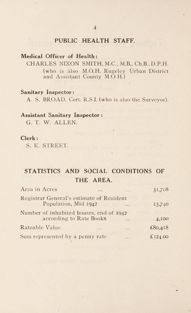 PUBLIC HEALTH STAFF. Medical Officer of Health : CHARLES NIXON SMITH, M.C., M.B., Ch.B.,D.P.H. (who is also M.O.H. Rugeley Urban District and Assistant County M.O.H.) Sanitary Inspector: A. S. BROAD, Cert. R.S.I. (who is also the Surveyor). Assistant Sanitary Inspector : G. T. W. ALLEN. Clerk: S. K. STREET. STATISTICS AND SOCIAL CONDITIONS OF THE AREA. Area in Acres Registrar General’s estimate of Resident Population, Mid 1942 Number of inhabited houses, end of 1942 according to Rate Books Rateable Value Sum represented by a penny rate £80,418 £324.00 3b708 13,740 4,100