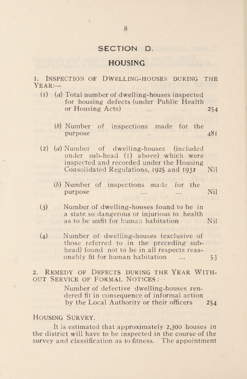 SECTION D. HOUSING 1. Inspection of Dwelling-houses during the Year:— (1) (a) Total number of dwelling-houses inspected for housing defects (under Public Health or Housing Acts) ... ... 254 (b) Number of inspections made for the purpose ... 481 (2) (a) Number of dwelling-houses (included under sub-head (i) above) which were inspected and recorded under the Housing Consolidated Regulations, 1925 and 1932 Nil (b) Number of inspections made for the purpose ... ... Nil (3) Number of dwelling-houses found to be in a state so dangerous or injurious to health as to be unfit for human habitation Nil (4) Number of dwelling-houses (exclusive of those referred to in the preceding sub¬ head) found not to be in ail respects reas¬ onably fit for human habitation ... 53 2. Remedy of Defects during the Year With¬ out Service of Formal Notices: Number of defective dwelling-houses ren¬ dered fit in consequence of informal action by the Local Authority or their officers 254 Housing Survey. It is estimated that approximately 2,300 houses in the district will have to be inspected in the course of the survey and classification as to fitness. The appointment