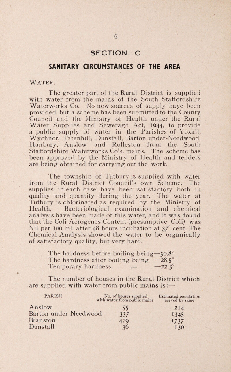 SECTION C SANITARY CIRCUMSTANCES OF THE AREA Water. The greater part of the Rural District is supplied with water from the mains of the South Staffordshire Waterworks Co. No new sources of supply haye been provided, but a scheme has been submitted to the County Council and the Ministry of Health under the Rural Water Supplies and Sewerage Act, 1944, to provide a public supply of water in the Parishes of Yoxall, Wychnor, Tatenhill, Dunstall, Barton under-Needwood, Hanbury, Anslow and Rolleston from the South Staffordshire Waterworks Co’s, mains. The scheme has been approved by the Ministry of Health and tenders are being obtained for carrying out the work. The township of Tutbury is supplied with water from the Rural District Council’s own Scheme. The supplies in each case have been satisfactQry both in quality and quantity during the year. The water at Tutbury is chlorinated as required by the Ministry of Health. Bacteriological examination and chemical analysis have been made of this water, and it was found that the Coli Aerogenes Content (presumptive Coli) was Nil per ICO ml. after 48 hours incubation at 37° cent. The Chemical Analysis showed the water to be organically of satisfactory quality, but very hard. The hardness before boiling being—50.8° The hardness after boiling being —28.5° Temporary hardness . —22.3° The number of houses in the Rural District which are supplied with water from public mains is :— PARISH No. of houses supplied with water from public mains Estimated population served by same Anslow 55 337 479 36 214 1345 1737 130 Barton under Needwood Branston Dunstall