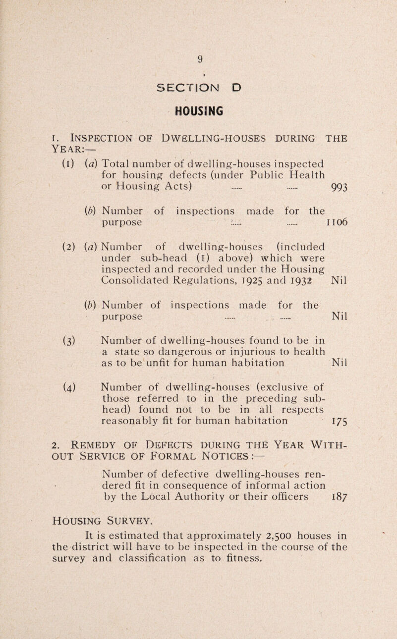 SECTION D HOUSING i. Inspection of Dwelling-houses during the Year:— (l) (a) Total number of dwelling-houses inspected for housing defects (under Public Health or Housing Acts) . . 993 (b) Number of inspections made for the purpose . 1106 (2) (<3) Number of dwelling-houses (included under sub-head (1) above) which were inspected and recorded under the Housing Consolidated Regulations, 1925 and 1932 Nil (b) Number of inspections made for the purpose . .. Nil (3) Number of dwelling-houses found to be in a state so dangerous or injurious to health as to be unfit for human habitation Nil (4) Number of dwelling-houses (exclusive of those referred to in the preceding sub¬ head) found not to be in all respects reasonably fit for human habitation 175 2. Remedy of Defects during the Year With¬ out Service of Formal Notices:— Number of defective dwelling-houses ren¬ dered fit in consequence of informal action by the Local Authority or their officers 187 Housing Survey. It is estimated that approximately 2,500 houses in the district will have to be inspected in the course of the survey and classification as to fitness.