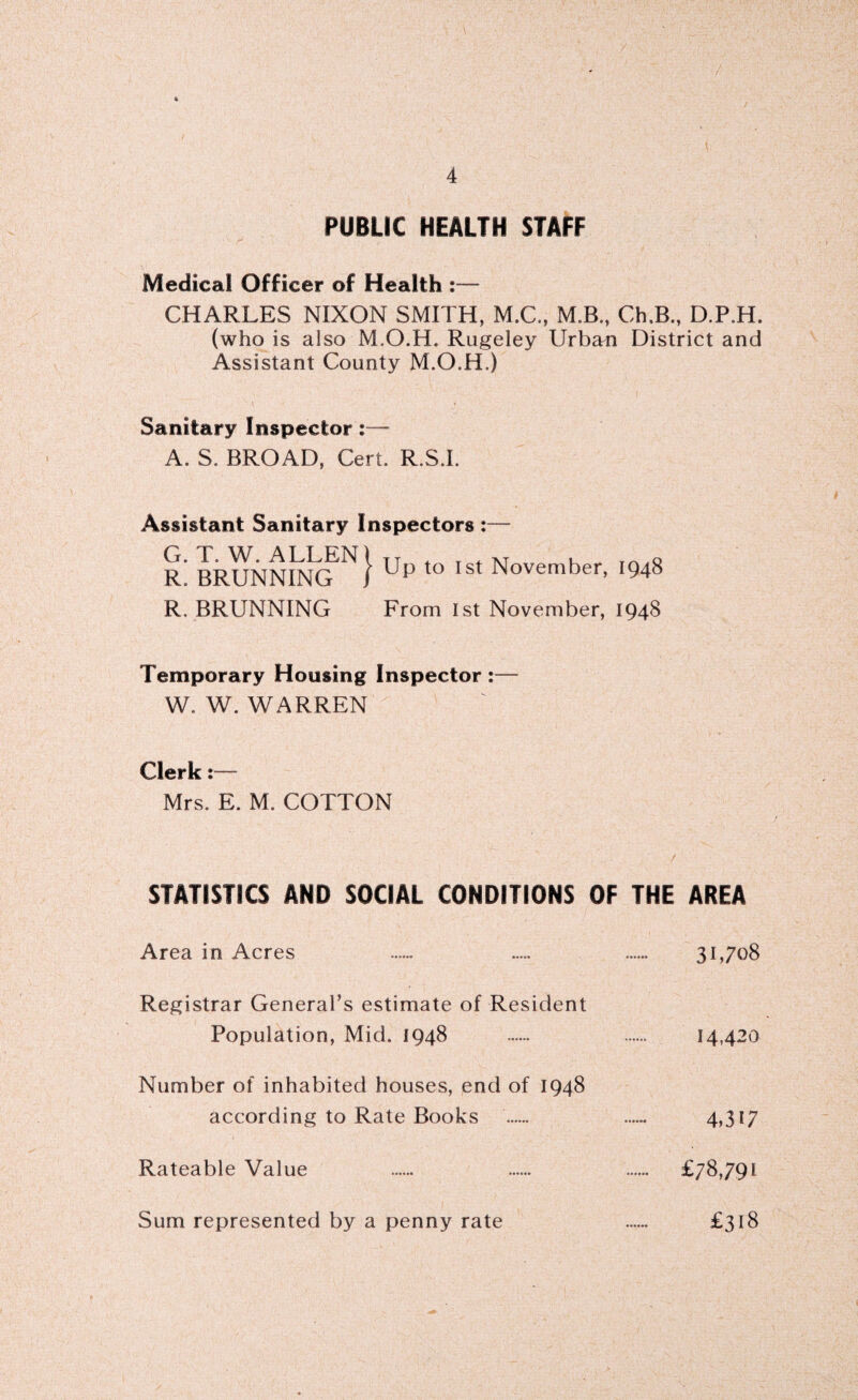 PUBLIC HEALTH STAFF Medical Officer of Health :— CHARLES NIXON SMITH, M.C., M.B., Ch.B., D.P.H. (who is also M.O.H. Rugeley Urban District and Assistant County M.O.H.) Sanitary Inspector — A. S. BROAD, Cert. R.S.I. Assistant Sanitary Inspectors :— G. T. W. ALLEN) TT , „ yn~ R. BRUNNING J ^ B Ist November, 1948 R. BRUNNING From 1st November, 1948 Temporary Housing Inspector W. W. WARREN Clerk:— Mrs. E. M. COTTON STATISTICS AND SOCIAL CONDITIONS OF THE AREA Area in Acres . . . 31,708 Registrar General’s estimate of Resident Population, Mid. 1948 . . 14,420 Number of inhabited houses, end of 1948 according to Rate Books . .. 4,317 Rateable Value . . . £78,791 Sum represented by a penny rate . £318