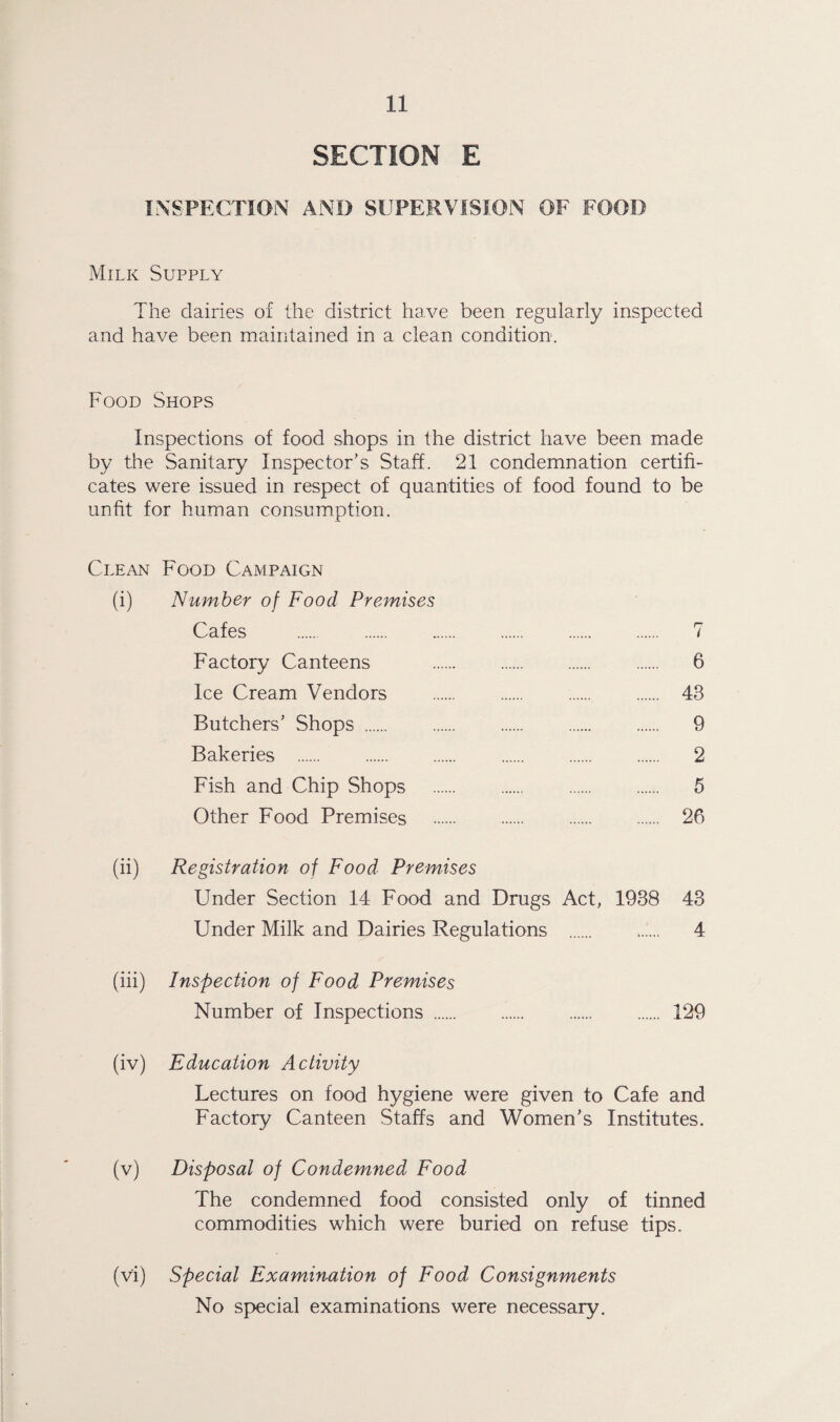 SECTION E INSPECTION AND SUPERVISION OF FOOD Milk Supply The dairies of the district have been regularly inspected and have been maintained in a clean condition. Food Shops Inspections of food shops in the district have been made by the Sanitary Inspector's Staff. 21 condemnation certifi¬ cates were issued in respect of quantities of food found to be unfit for human consumption. Clean Food Campaign (i) Number of Food Premises Cafes . 7 Factory Canteens . 6 Ice Cream Vendors . 43 Butchers' Shops. 9 Bakeries . 2 Fish and Chip Shops . 5 Other Food Premises . 26 (ii) Registration of Food Premises Under Section 14 Food and Drugs Act, 1938 43 Under Milk and Dairies Regulations . 4 (iii) Inspection of Food Premises Number of Inspections... 129 (iv) Education Activity Lectures on food hygiene were given to Cafe and Factory Canteen Staffs and Women’s Institutes. (v) Disposal of Condemned Food The condemned food consisted only of tinned commodities which were buried on refuse tips. (v'i) Special Examination of Food Consignments No special examinations were necessary.