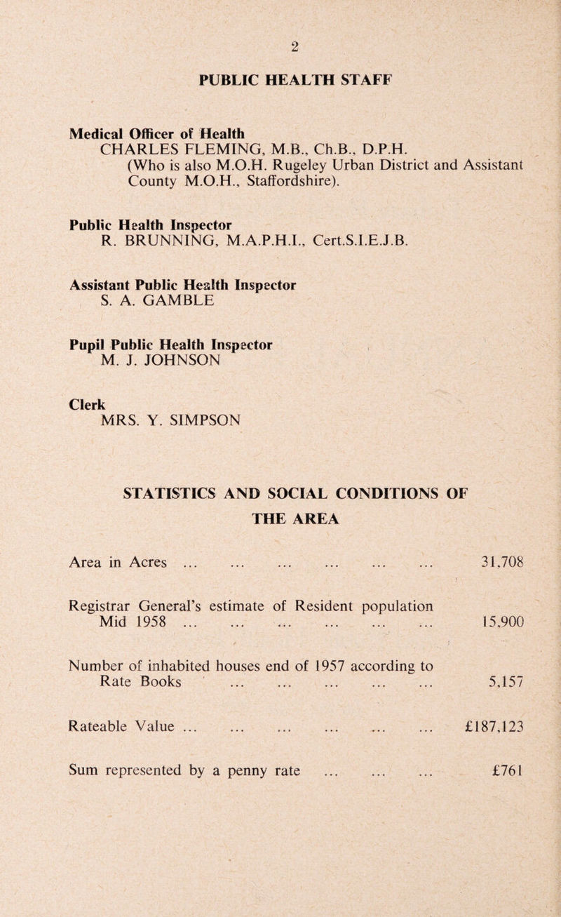 PUBLIC HEALTH STAFF Medical Officer of Health CHARLES FLEMING, M.B., Ch.B., D.P.H. (Who is also M.O.H. Rugeley Urban District and Assistant County M.O.H., Staffordshire). Public Health Inspector R. BRUNNING, M.A.P.H.I., Cert.S.I.E.J.B. Assistant Public Health Inspector S. A. GAMBLE Pupil Public Health Inspector M. J. JOHNSON Clerk MRS. Y. SIMPSON STATISTICS AND SOCIAL CONDITIONS OF THE AREA Area in Acres ... ... ... ... ... ... 31.708 Registrar General’s estimate of Resident population Mid 1958 ... 15,900 Number of inhabited houses end of 1957 according to Rate Books . 5,157 Rateable Value ... £187,123 Sum represented by a penny rate £761