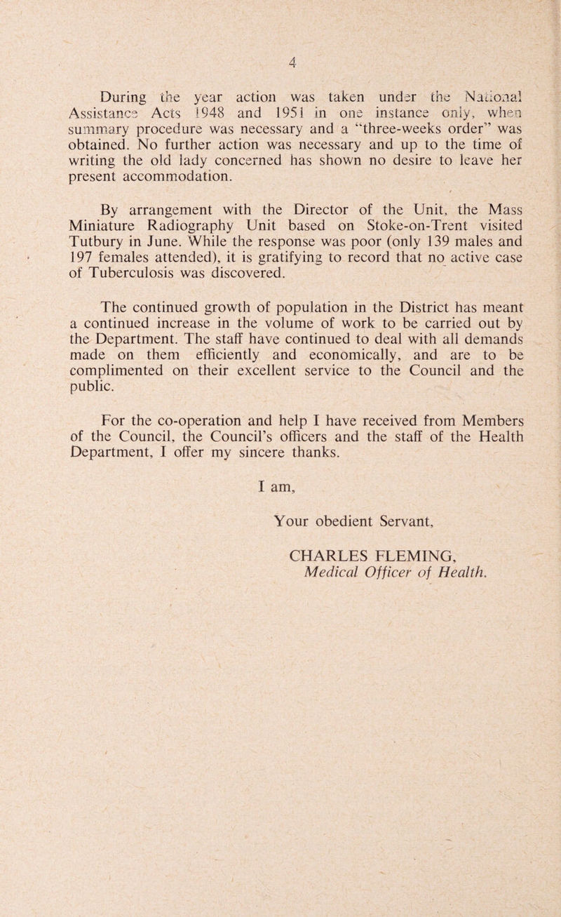 During the year action was taken under the National Assistance Acts 1948 and 1951 in one instance only, when summary procedure was necessary and a “three-weeks order'’ was obtained. No further action was necessary and up to the time of writing the old lady concerned has shown no desire to leave her present accommodation. / By arrangement with the Director of the Unit, the Mass Miniature Radiography Unit based on Stoke-on-Trent visited Tutbury in June. While the response was poor (only 139 males and 197 females attended), it is gratifying to record that no active case of Tuberculosis was discovered. The continued growth of population in the District has meant a continued increase in the volume of work to be carried out by the Department. The staff have continued to deal with all demands made on them efficiently and economically, and are to be complimented on their excellent service to the Council and the public. For the co-operation and help I have received from Members of the Council, the Council’s officers and the staff of the Health Department, I offer my sincere thanks. I am. Your obedient Servant, CHARLES FLEMING, Medical Officer of Health.