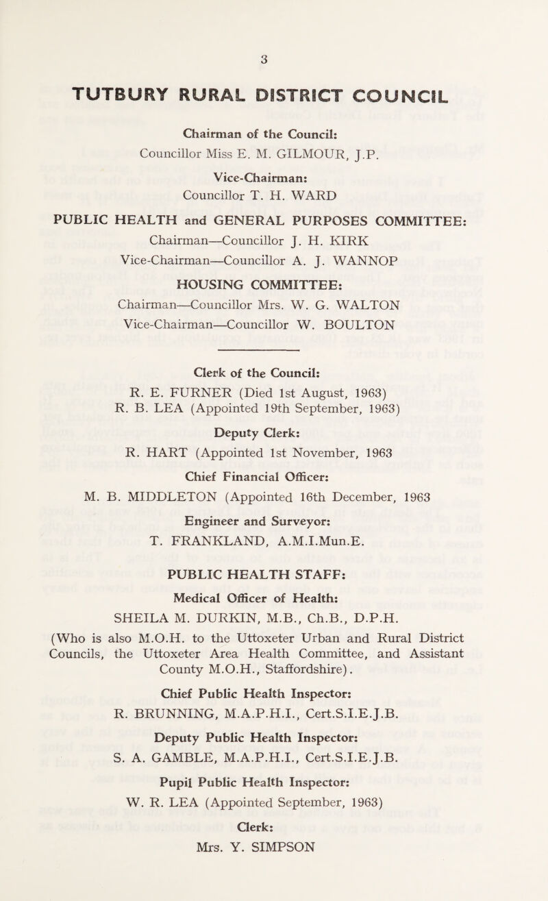 TUTBURY RURAL DISTRICT COUNCIL Chairman of the Council: Councillor Miss E. M. GXLMOUR, J.P. Vice-Chairman: Councillor T. H. WARD PUBLIC HEALTH and GENERAL PURPOSES COMMITTEE: Chairman—Councillor J. H. KIRK Vice-Chairman—Councillor A. J. WANNOP HOUSING COMMITTEE: Chairman—Councillor Mrs. W. G. WALTON Vice-Chairman—Councillor W. BOULTON Clerk of the Council: R. E. FURNER (Died 1st August, 1963) R. B. LEA (Appointed 19th September, 1963) Deputy Clerk: R. HART (Appointed 1st November, 1963 Chief Financial Officer: M. B. MIDDLETON (Appointed 16th December, 1963 Engineer and Surveyor: T. FRANKLAND, A.M.I.Mun.E. PUBLIC HEALTH STAFF: Medical Officer of Health: SHEILA M. DURKIN, M.B., Ch.B., D.P.H. (Who is also M.O.H. to the Uttoxeter Urban and Rural District Councils, the Uttoxeter Area Health Committee, and Assistant County M.O.H., Staffordshire). Chief Public Health Inspector: R. BRUNNING, M.A.P.H.I., Cert.S.I.E.J.B. Deputy Public Health Inspector: S. A. GAMBLE, M.A.P.H.I., Cert.S.I.E.J.B. Pupil Public Health Inspector: W. R. LEA (Appointed September, 1963) Clerk: Mrs. Y. SIMPSON