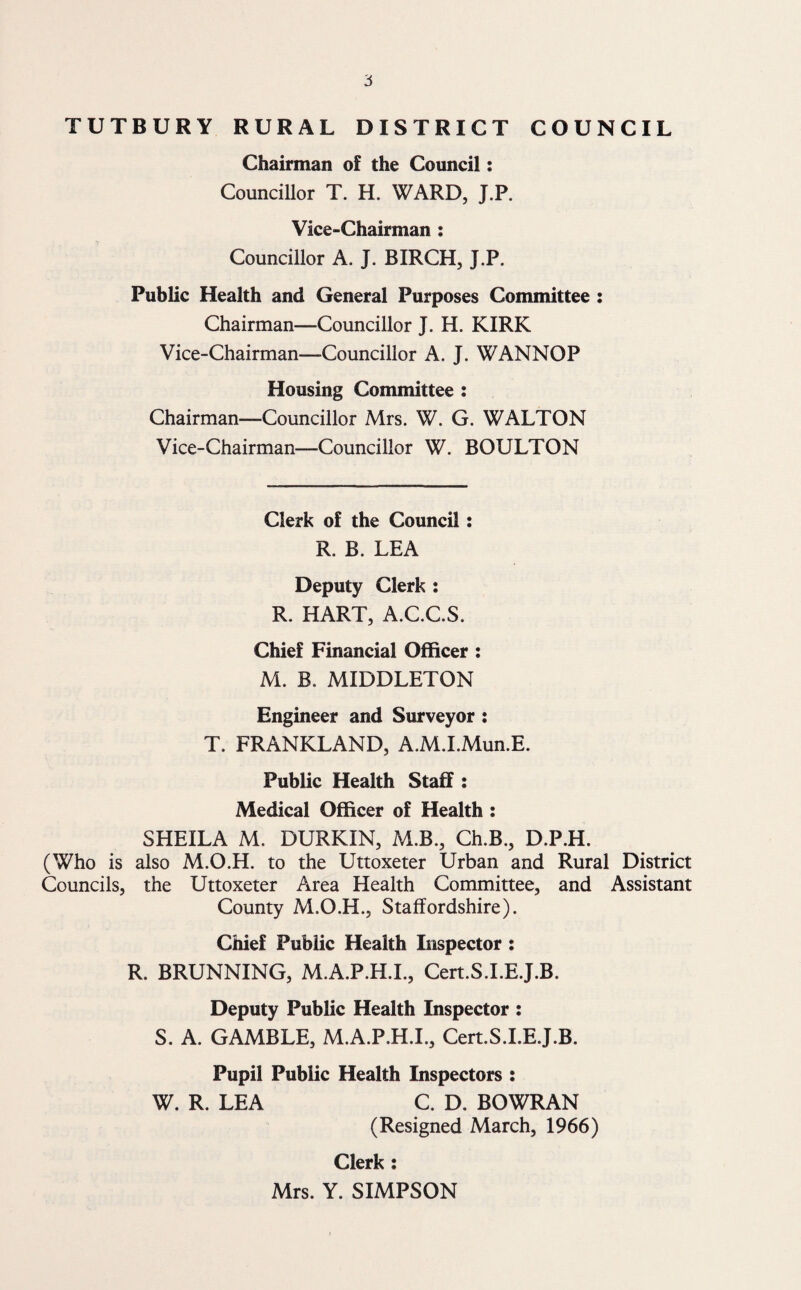 TUTBURY RURAL DISTRICT COUNCIL Chairman of the Council: Councillor T. H. WARD, J.P. Vice-Chairman : Councillor A. J. BIRCH, J.P. Public Health and General Purposes Committee : Chairman—Councillor J. H. KIRK Vice-Chairman—Councillor A. J. WANNOP Housing Committee : Chairman—Councillor Mrs. W. G. WALTON Vice-Chairman—Councillor W. BOULTON Clerk of the Council: R. B. LEA Deputy Clerk : R. HART, A.C.C.S. Chief Financial Officer : M. B. MIDDLETON Engineer and Surveyor ; T. FRANKLAND, A.M.I.Mun.E. Public Health Staff : Medical Officer of Health : SHEILA M. DURKIN, M.B., Ch.B., D.P.H. (Who is also M.O.H. to the Uttoxeter Urban and Rural District Councils, the Uttoxeter Area Health Committee, and Assistant County M.O.H., Staffordshire). Chief Public Health Inspector : R. BRUNNING, M.A.P.H.I., Cert.S.I.E.J.B. Deputy Public Health Inspector : S. A. GAMBLE, M.A.P.H.I., Cert.S.I.E.J.B. Pupil Public Health Inspectors : W. R. LEA C. D. BOWRAN (Resigned March, 1966) Clerk : Mrs. Y. SIMPSON