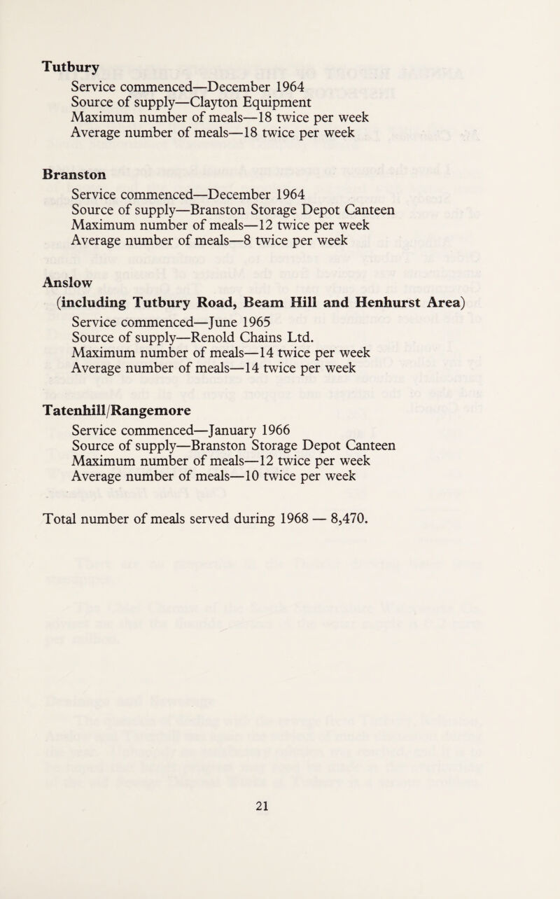 Tutbury Service commenced—December 1964 Source of supply—Clayton Equipment Maximum number of meals—18 twice per week Average number of meals—18 twice per week Branston Service commenced—December 1964 Source of supply—Branston Storage Depot Canteen Maximum number of meals—12 twice per week Average number of meals—8 twice per week Anslow (including Tutbury Road, Beam Hill and Henhurst Area) Service commenced—June 1965 Source of supply—Renold Chains Ltd. Maximum number of meals—14 twice per week Average number of meals—14 twice per week T atenhill/Rangemore Service commenced—January 1966 Source of supply—Branston Storage Depot Canteen Maximum number of meals—12 twice per week Average number of meals—10 twice per week Total number of meals served during 1968 — 8,470.