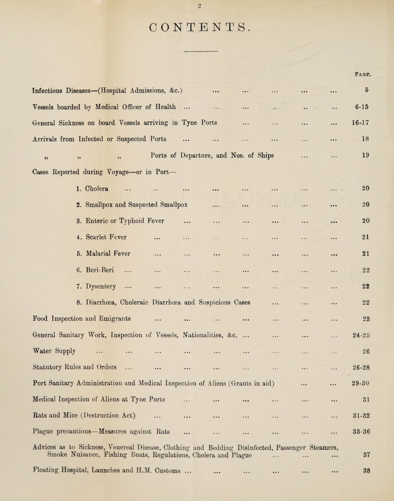 9 CONTENTS. Infectious Diseases—(Hospital Admissions, &c.) Yessels boarded by Medical Officer of Health Oeneral Sickness on board Vessels arriving in Tyne Ports Arrivals from Infected or Suspected Ports Ports of Departure, and Nos. of Ships Dases Reported during Voyage—or in Port- 1. Cholera 2. Smallpox and Suspected Smallpox 3. Enteric or Typhoid Fever 4. Scarlet Fever 5. Malarial Fever 6. Beri-Beri 7. Dysentery 8. Diarrhoea, Choleraic Diarrhoea and Suspicious Cases Food Inspection and Emigrants General Sanitary Work, Inspection of Vessels, Nationalities, &c. ... Water Supply Statutory Rules and Orders Port Sanitary Administration and Medical Inspection of Aliens (Grants in aid) Medical Inspection of Aliens at Tyne Ports Rats and Mice (Destruction Act) Plague precautions—Measures against Rats Advices as to Sickness, Venereal Disease, Clothing and Bedding Disinfected, Passenger Steamers, Smoke Nuisance, Fishing Boats, Regulations, Cholera and Plague Floating Hospital, Launches and H.M. Customs ... Paoe. 5 6-15 16-17 18 19 20 20 20 21 21 22 22 22 23 24-25 26 26-28 29-30 31 31-32 33-36 37 38