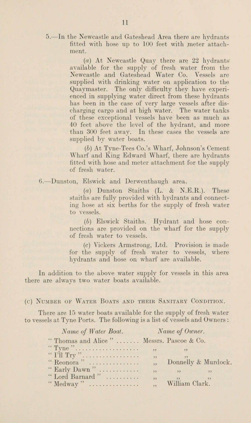 5.—In the Newcastle and Gateshead Area there are hydrants fitted with hose up to 100 feet with meter attach¬ ment. (a) At Newcastle Quay there are 22 hydrants' available for the supply of fresh water from the Newcastle and Gateshead Water Co. Vessels are supplied with drinking water on application to the Quaymaster. The only difficulty they have experi¬ enced in supplying water direct from these hydrants has been in the case of very large vessels after dis¬ charging cargo and at high water. The water tanks of these exceptional vessels have been as much as 40 feet above the level of the hydrant, and more than 300 feet away. In these cases the vessels are supplied by water boats. (b) At Tyne-Tees Co.’s Wharf, Johnson’s Cement Wharf and King Edward Wharf, there are hydrants' fitted with hose and meter attachment for the supply of fresh water. 6.—Dunston, Elswick and Derwenthaugh area. (а) Dunston Staiths (L. & N.E.R.). These staiths are fully provided with hydrants and connect¬ ing hose at six berths for the supply of fresh water to vessels. (б) Elswick Staiths. Hydrant and hose con¬ nections are provided on the wharf for the supply of fresh water to vessels. (c) Vickers Armstrong, Ltd. Provision is made for the supply of fresh water to vessels, where hydrants and hose on wharf are available. In addition to the above water supply for vessels in this area there are always two water boats available. (c) Number of Water Boats and their Sanitary Condition. There are 15 water boats available for the supply of fresh water to vessels at Tyne Ports. The following is a list of vessels and Owners : Name of Water Boat. Name of Owner. “ Thomas and Alice ”. Messrs. Pascoe & Co. Tyne”. PH Try”. “ Reonora ” . ,, Donnelly & Murdock. “ Early Dawn ”. ,, „ ,, “ Lord Barnard ” . ,, ,, ,, “ Medway ” . ,, William Clark.