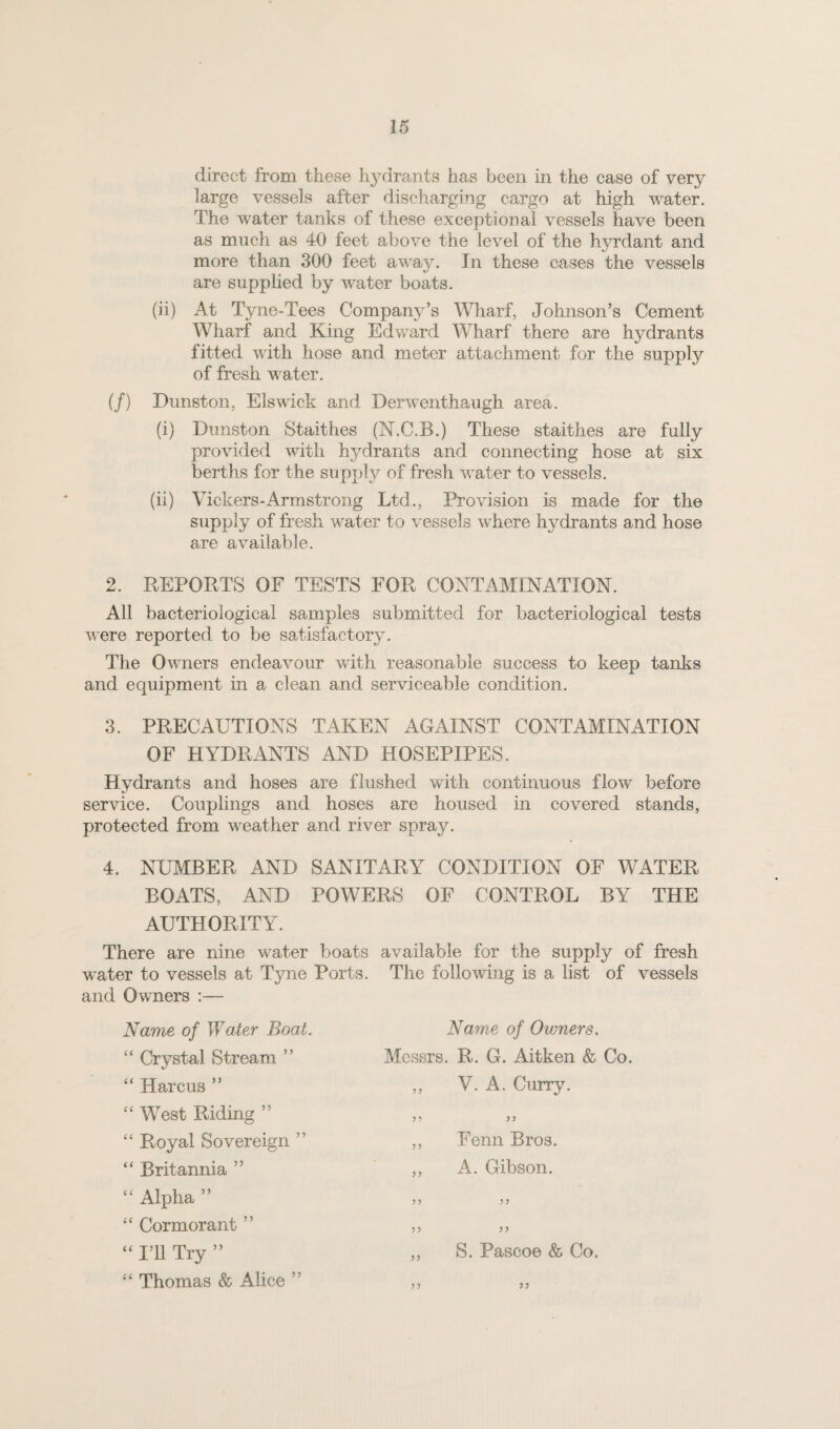 direct from these hydrants has been in the case of very large vessels after discharging cargo at high water. The water tanks of these exceptional vessels have been as much as 40 feet above the level of the hyrdant and more than 300 feet awaj^ In these cases the vessels are supplied by water boats. (ii) At Tyne-Tees Company’s Wharf, Johnson’s Cement Wharf and King Edward Wharf there are hydrants fitted with hose and meter attachment for the supply of fresh water. (/) Dunston, Elswick and Derwenthaugh area. (i) Dunston Staithes (N.C.B.) These staithes are fully provided with hydrants and connecting hose at six berths for the supply of fresh water to vessels. (ii) Vickers-Armstrong Ltd., Provision is made for the supply of fresh water to vessels where hydrants and hose are available. 2. REPORTS OF TESTS FOR CONTAMINATION. All bacteriological samples submitted for bacteriological tests were reported to be satisfactory. The Owners endeavour with reasonable success to keep tanks and equipment in a clean and serviceable condition. 3. PRECAUTIONS TAKEN AGAINST CONTAMINATION OF HYDRANTS AND HOSEPIPES. Hydrants and hoses are flushed with continuous flow before service. Couplings and hoses are housed in covered stands, protected from weather and river spray. 4. NUMBER AND SANITARY CONDITION OF WATER BOATS, AND POWERS OF CONTROL BY THE AUTHORITY. There are nine water boats available for the supply of fresh water to vessels at Tyne Ports, and Owners :— Name of Water Boat. “ Crystal Stream ” “ Harcus ” ‘‘West Riding ” “ Royal Sovereign ” “ Britannia ” “ Alpha ” “ Cormorant ” “ I’ll Try ” “ Thomas & Alice ” The following is a list of vessels Name of Owners. Messrs. R. G. Aitken & Co, ,, V. A. Curry. ,, Fenn Bros. ,, A. Gibson. ?? ?? 5? ,, S. Pascoe & Co.