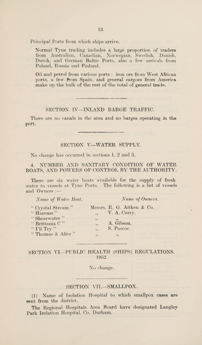 Principal Ports from which ships arrive. Normal Tyne trading includes a large proportion of traders from Australian, Canadian, Norwegian, Swedish, Danish, Dutch, and German Baltic Ports, also a few arrivals from Poland, Russia and Finland. Oil and petrol from various ports ; iron ore from West African ports, a few from Spain, and general cargoes from America make up the bulk of the rest of the total of general trade. SECTION IV—INLAND BARGE TRAFFIC. There are no canals in the area and no barges operating in the port. SECTION V—WATER SUPPLY. No change has occurred in sections 1, 2 and 3. 4. NUMBER AND SANITARY CONDITION OF WATER BOATS, AND POWERS OF CONTROL BY THE AUTHORITY. There are six water boats available for the supply of fresh water to vessels at Tyne Ports. The following is a list of vessels and Owners :— Name of Water Boat. Name of Owners. “ Crystal Stream ” “ Harcuss ” £‘ Shearwater ” “ Brittania C ” “ I’ll Try ” “ Thomas & Alice ” Messrs. R. G. Aitken & Co. ,, V. A. Curry. 5 5 55 ,, A. Gibson. ,, S. Pascoe. 5 5 5 5 SECTION VI—PUBLIC HEALTH (SHIPS) REGULATIONS. 1952. No change. SECTION VII.—SMALLPOX. (1) Name of Isolation Hospital to which smallpox cases are sent from the district. The Regional Hospitals Area Board have designated Langley Park Isolation Hospital, Co. Durham.