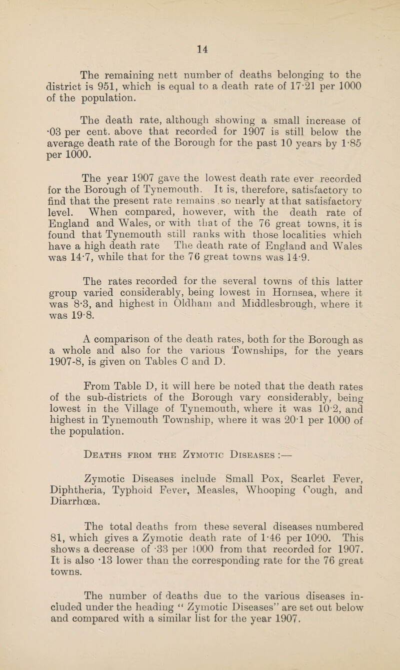 The remaining nett number of deaths belonging to the district is 951, which is equal to a death rate of 17 21 per 1000 of the population. The death rate, although showing a small increase of *03 per cent, above that recorded for 1907 is still below the average death rate of the Borough for the past 10 years by 1-85 per 1000. The year 1907 gave the lowest death rate ever recorded for the Borough of Tynemouth. It is, therefore, satisfactory to find that the present rate remains .so nearly at that satisfactory level. When compared, however, with the death rate of England and Wales, or with that of the 76 great towns, it is found that Tynemouth still ranks with those localities which have a high death rate The death rate of England and Wales was 14‘7, while that for the 76 great towns was 14‘9. The rates recorded for the several towns of this latter group varied considerably, being lowest in Hornsea, where it was 8-3, and highest in Oldham and Middlesbrough, where it was 19-8. A comparison of the death rates, both for the Borough as a whole and also for the various Townships, for the years 1907-8, is given on Tables C and D. From Table D, it will here be noted that the death rates of the sub-districts of the Borough vary considerably, being lowest in the Village of Tynemouth, where it was 10 2, and highest in Tynemouth Township, where it was 20T per 1000 of the population. Deaths from the Zymotic Diseases :— Zymotic Diseases include Small Pox, Scarlet Fever, Diphtheria, Typhoid Fever, Measles, Whooping Cough, and Diarrhoea. The total deaths from these several diseases numbered 81, which gives a Zymotic death rate of 1‘46 per 1000. This shows a decrease of -33 per 1000 from that recorded for 1907. It is also T3 lower than the corresponding rate for the 76 great towns. The number of deaths due to the various diseases in¬ cluded under the heading “ Zymotic Diseases” are set out below and compared with a similar list for the year 1907.