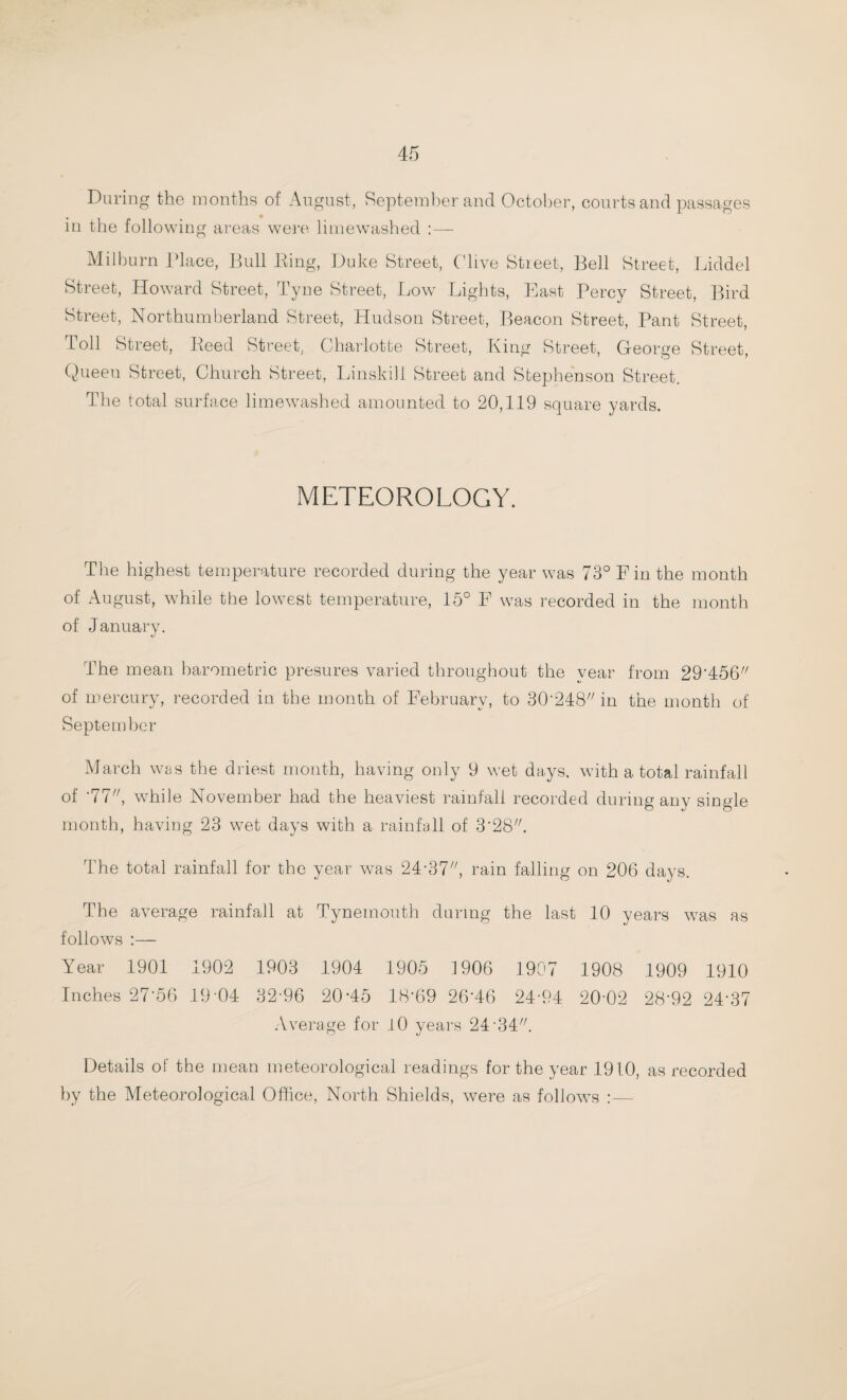 During the months of August, September and October, courts and passages in the following areas were limewashed : — Milburn Place, Bull Ring, Duke Street, Clive Street, Bell Street, Liddel Street, Howard Street, Tyne Street, Low Lights, East Percy Street, Bird Street, Northumberland Street, Hudson Street, Beacon Street, Pant Street, Toll Street, Reed Street, Charlotte Street, King Street, George Street, Queen Street, Church Street, Linskill Street and Stephenson Street. The total surface limewashed amounted to 20,119 square yards. METEOROLOGY. The highest temperature recorded during the year was 73° Fin the month of August, while the lowest temperature, 15° F was recorded in the month of January. The mean barometric presures varied throughout the year from 29*456 of mercury, recorded in the month of February, to 30*248 in the month of September March was the driest month, having only 9 wet days, with a total rainfall of *77, while November had the heaviest rainfall recorded during any single month, having 23 wet days with a rainfall of 3*28. The total rainfall for the year was 24-37, rain falling on 206 days. The average rainfall at Tynemouth during the last 10 years was as follows :— Year 1901 1902 1903 1904 1905 1906 1907 1908 1909 1910 Inches 27*56 19*04 32*96 20*45 18*69 26*46 24*94 20*02 28*92 24*37 Average for 10 years 24*34. Details oi the mean meteorological readings for the year 1910, as recorded by the Meteorological Office, North Shields, were as follows :—