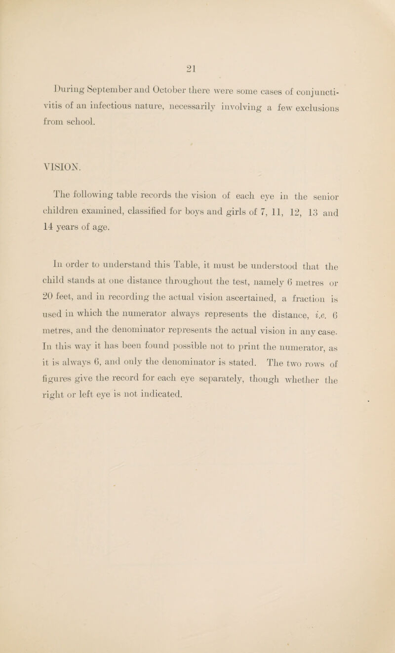 1 luring September and October there were some cases of conjuncti- \ 11is of an infectious nature, necessarily involving a few exclusions from school. VISION. I he following table records the vision of each e}^e in the senior children examined, classified for boys and girls of 7, 11, 12, 13 and 14 years of age. In order to understand this Table, it must be understood that the child stands at one distance throughout the test, namely 6 metres or 20 feet, and in recording the actual vision ascertained, a fraction is used in which the numerator always represents the distance, i.e. 6 metres, and the denominator represents the actual vision in any case. In this way it has been found possible not to print the numerator, as it is always 6, and only the denominator is stated. The two rows of figures give the record for each eye separately, though whether the right or left eye is not indicated.