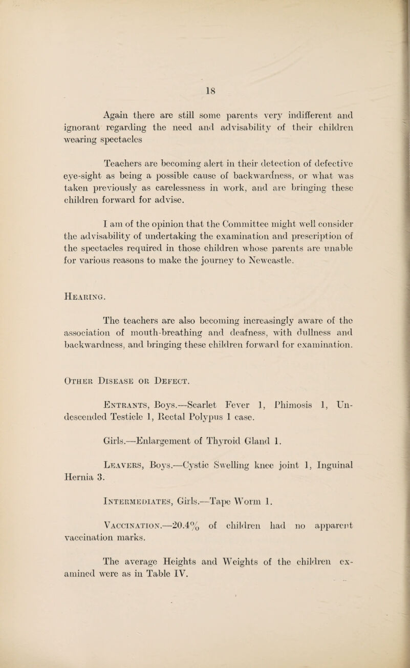 Again there are still some parents very indifferent and ignorant regarding the need and advisability of their children wearing spectacles Teachers are becoming alert in their detection of defective eye-sight as being a possible cause of backwardness, or what was taken previously as carelessness in work, and are bringing these children forward for advise. I am of the opinion that the Committee might well consider the advisability of undertaking the examination and prescription of the spectacles required in those children whose parents are unable for various reasons to make the journey to Newcastle. Hearing. The teachers are also becoming increasingly aware of the association of mouth-breathing and deafness, with dullness and backwardness, and bringing these children forward for examination. Other Disease or Defect. Entrants, Boys.—Scarlet Fever 1, Phimosis 1, Un¬ descended Testicle 1, Bcctal Polypus 1 case. Girls.—Enlargement of Thyroid Gland 1. Leavers, Boys.—Cystic Swelling knee joint 1, Inguinal Hernia 3. Intermediates, Girls.—TapeWorm 1. Vaccination.—20.4% of children had no apparent vaccination marks. The average Heights and Weights of the children ex¬ amined were as in Table IV.