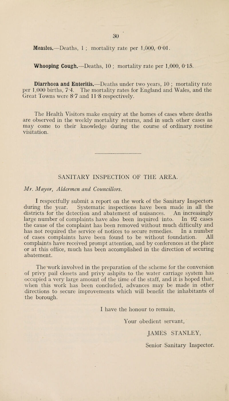Measles.—^Deaths, 1 ; mortality rate per 1,000, O'Ol. Whooping Cough.—Deaths, 10 ; mortality rate per 1,000, 0’15. Diarrhoea and Enteritis.—Deaths under two years, 10 ; mortality rate per 1,000 births, I'A. The mortality rates for England and Wales, and the Great Towns were 8'7 and ITS respectively. The Health Visitors make enquiry at the homes of cases where deaths are observed in the weekly mortality returns, and in such other cases as may come to their knowledge during the course of ordinary routine visitation. SANITARY INSPECTION OF THE AREA. Mr. Mayor, Aldermen and Councillors. I respectfully submit a report on the work of the Sanitary Inspectors during the year. Systematic inspections have been made in all the districts for the detection and abatement of nuisances. An increasingly large number of complaints have also been inquired into. In 92 cases the cause of the complaint has been removed without much difficulty and has not required the service of notices to secure remedies. In a number of cases complaints have been found to be without foundation. All complaints have received prompt attention, and by conferences at the place or at this office, much has been accomplished in the direction of securing abatement. The work involved in the preparation of the scheme for the conversion of privy pail closets and privy ashpits to the water carriage system has occupied a very large amount of the time of the staff, and it is hoped that, when this work has been concluded, advances may be made in other directions to secure improvements which will benefit the inhabitants of the borough. I have the honour to remain. Your obedient servant, JAMES STANLEY, Senior Sanitary Inspector.