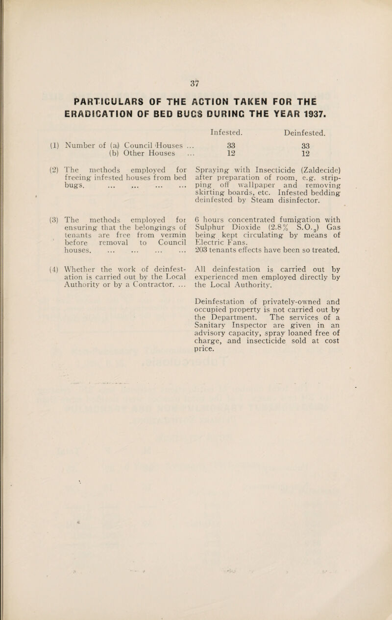 PARTICULARS OF THE ACTION TAKEN FOR THE ERADICATION OF BED BUGS DURING THE YEAR 1937. Infested. Deinfested. (1) Number of (ai) Council 'Houses . (b) Other Houses (2) The methods employed for freeing- infested houses from bed bugs. . (3) The methods employed for ensuring that the belongings of tenants are free from vermin before removal to Council houses. (4) Whether the work of deinfest¬ ation is carried nut by the Local Authority or by a Contractor. ... 33 33 12 12 Spraying with Insecticide (Zaldecide) after preparation of room, e.g. strip¬ ping off wallpaper and removing skirting boards, etc. Infested bedding deinfested by Steam disinfector. 6 hours concentrated fumigation with Sulphur Dioxide (2.8% S.0.2) Gas being kept circulating by means of Electric Fans. 203 tenants effects have been so treated. All deinfestation is carried out by experienced men employed directly by the Local Authority. Deinfestation of privately-owned and occupied property is not carried out by the Department. The services of a Sanitary Inspector are given in an advisory capacity, spray loaned free of charge, and insecticide sold at cost price. C