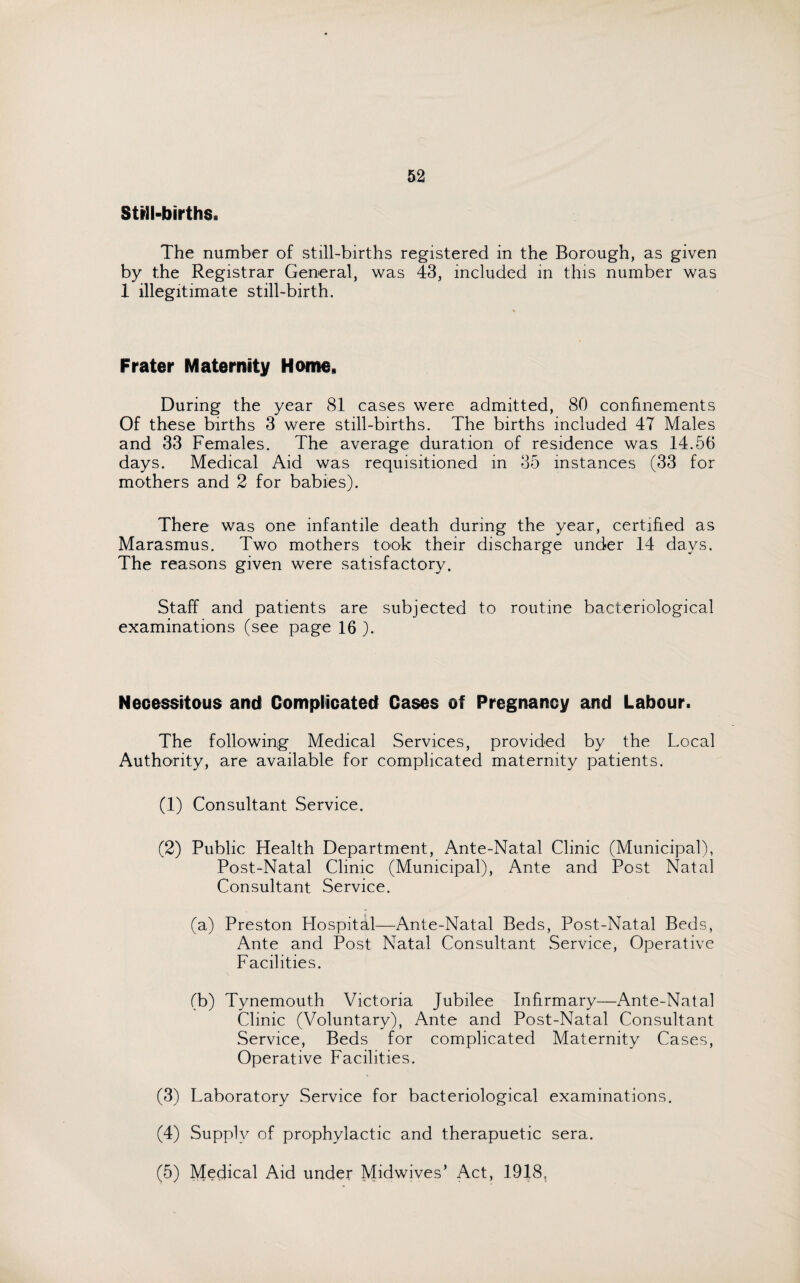 Still-births. The number of still-births registered in the Borough, as given by the Registrar General, was 43, included in this number was 1 illegitimate still-birth. Frater Maternity Home. During the year 81 cases were admitted, 80 confinements Of these births 3 were still-births. The births included 47 Males and 33 Females. The average duration of residence was 14.56 days. Medical Aid was requisitioned in 35 instances (33 for mothers and 2 for babies). There was one infantile death during the year, certified as Marasmus. Two mothers took their discharge under 14 days. The reasons given were satisfactory. Staff and patients are subjected to routine bacteriological examinations (see page 16 ). Necessitous and Complicated Cases of Pregnancy and Labour. The following Medical Services, provided by the Local Authority, are available for complicated maternity patients. (1) Consultant Service. (2) Public Health Department, Ante-Natal Clinic (Municipal), Post-Natal Clinic (Municipal), Ante and Post Natal Consultant Service. (a) Preston Hospital—Ante-Natal Beds, Post-Natal Beds, Ante and Post Natal Consultant Service, Operative Facilities. (b) Tynemouth Victoria Jubilee Infirmary—Ante-Natal Clinic (Voluntary), Ante and Post-Natal Consultant Service, Beds for complicated Maternity Cases, Operative Facilities. (3) Laboratory Service for bacteriological examinations. (4) Supply of prophylactic and therapuetic sera. (5) Medical Aid under Midwives’ Act, 1918,