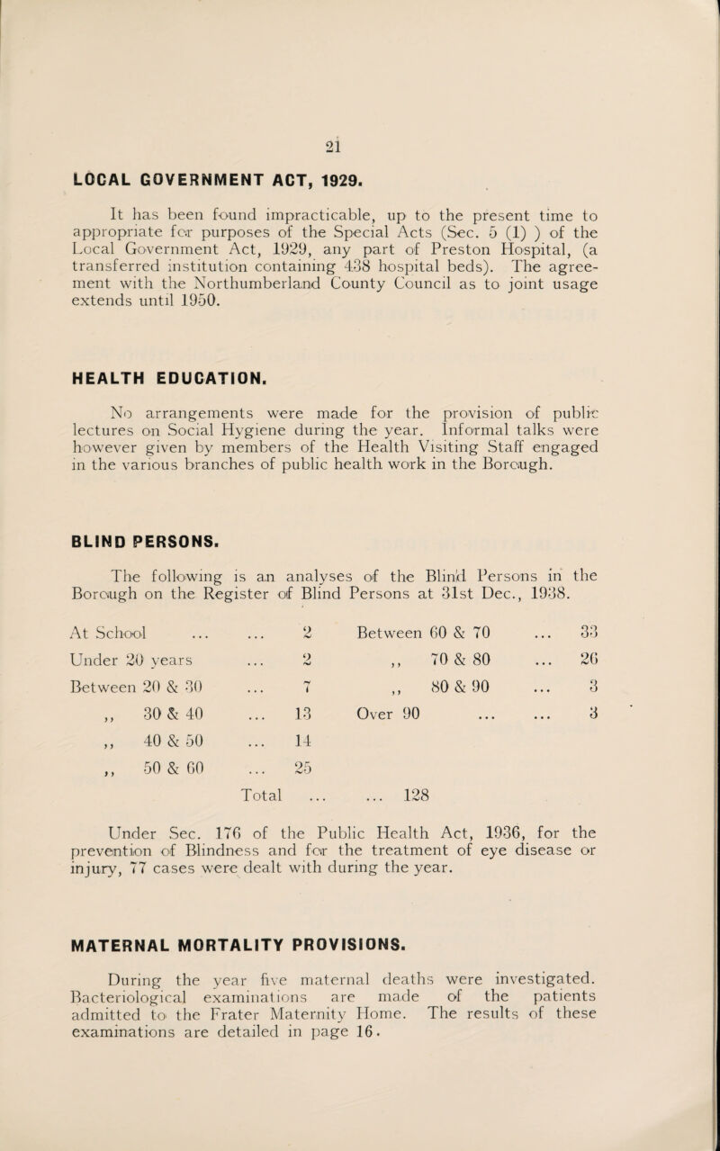 LOCAL GOVERNMENT ACT, 1929. It has been found impracticable, up to the present time to appropriate for purposes of the Special Acts (Sec. 5 (1) ) of the Local Government Act, 1929, any part of Preston Hospital, (a transferred institution containing 438 hospital beds). The agree¬ ment with the Northumberland County Council as to joint usage extends until 1950. HEALTH EDUCATION. No arrangements were made for the provision of public lectures on Social Hygiene during the year. Informal talks were however given by members of the Health Visiting Staff engaged m the various branches of public health work in the Borough. BLIND PERSONS. The following is an analyses of the Blinld Persons in the Borough on the Register of Blind Persons at 31st Dec., 1938. At School 2 Between 60 & 70 33 Under 20 years 2 ,, 70 & 80 ... 26 Between 20 & 30 if i ,, 80 & 90 3 ,, 30 & 40 13 Over 90 3 ,, 40 & 50 14 ,, 50 & 60 25 Total ... 128 Under Sec. 176 of the Public Health Act, 1936, for the prevention of Blindness and for the treatment of eye disease or injury, 77 cases were dealt with during the year. MATERNAL MORTALITY PROVISIONS. During the year five maternal deaths were investigated. Bacteriological examinations are made of the patients admitted to the Prater Maternity Home. The results of these examinations are detailed in page 16.