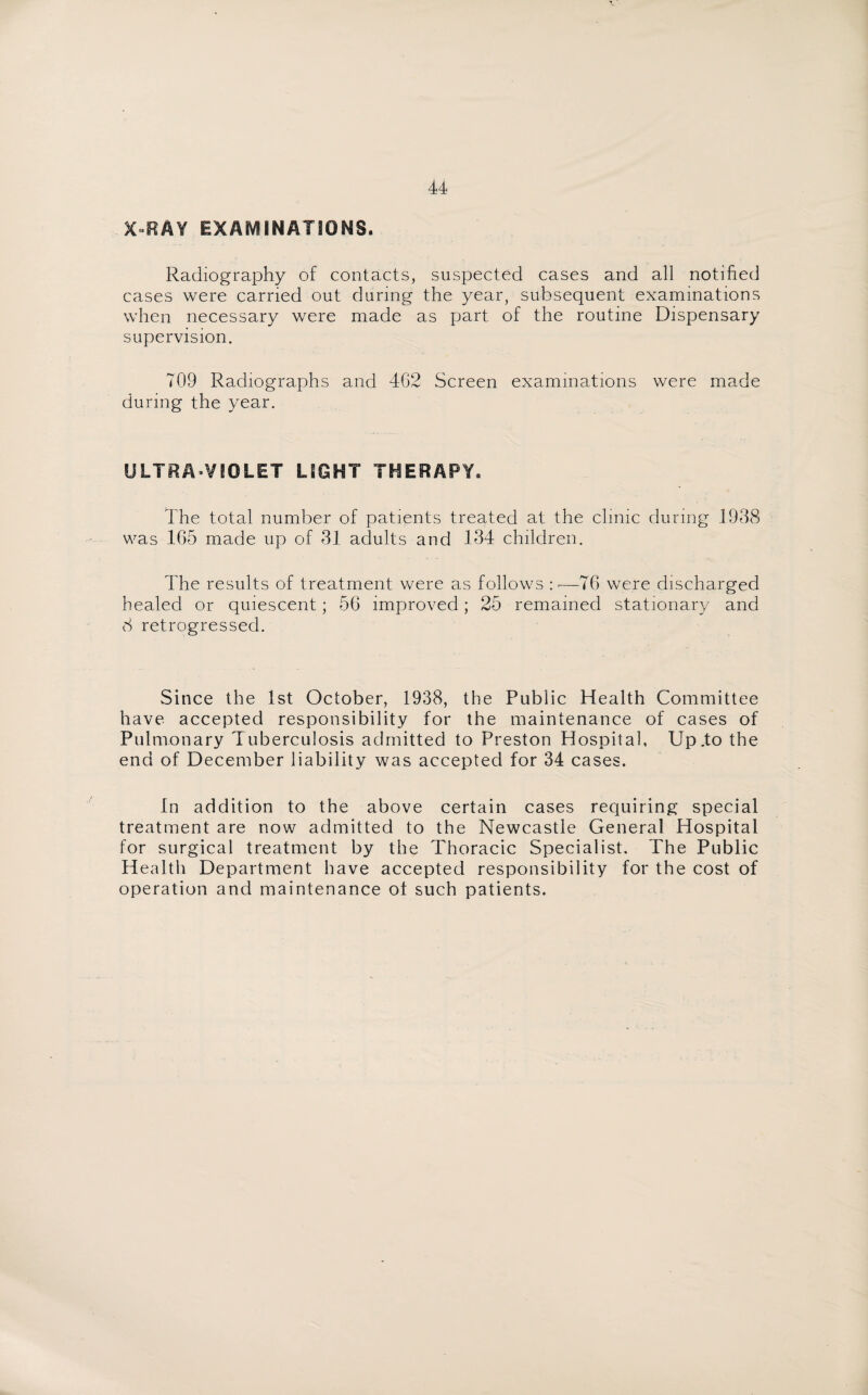 X RAY EXAMINATIONS. Radiography of contacts, suspected cases and all notified cases were carried out during the year, subsequent examinations when necessary were made as part of the routine Dispensary supervision. 709 Radiographs and 4G2 Screen examinations were made during the year. ULTRA-VIOLET LIGHT THERAPY. The total number of patients treated at the clinic during 1938 was 165 made up of 31 adults and 134 children. lire results of treatment were as follows : =■—76 were discharged healed or quiescent ; 56 improved; 25 remained stationary and 8 retrogressed. Since the 1st October, 1938, the Public Health Committee have accepted responsibility for the maintenance of cases of Pulmonary Tuberculosis admitted to Preston Hospital, Up.to the end of December liability was accepted for 34 cases. In addition to the above certain cases requiring special treatment are now admitted to the Newcastle General Hospital for surgical treatment by the Thoracic Specialist. The Public Health Department have accepted responsibility for the cost of operation and maintenance of such patients.