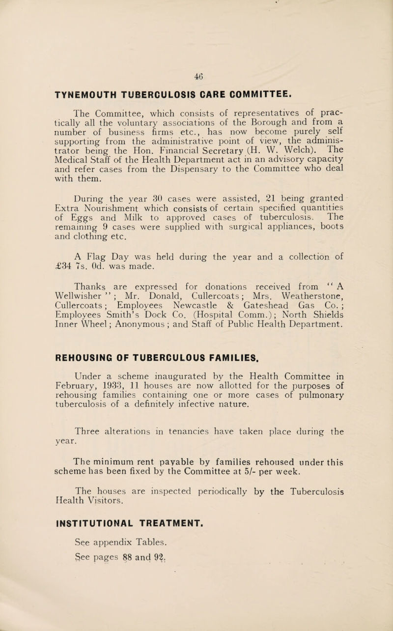 TYNEMOUTH TUBERCULOSIS CARE COMMITTEE. The Committee, which consists of representatives of prac¬ tically all the voluntary associations of the Borough and from a number of business firms etc., has now become purely self supporting from the administrative point of Uew, the adminis¬ trator being the Hon. Financial Secretary (FL W. Welch). The Medical Staff of the Health Department act in an advisory capacity and refer cases from the Dispensary to the Committee who deal with them. During the year 30 cases were assisted, 21 being granted Extra Nourishment which consists of certain specified quantities of Eggs and Milk to approved cases of tuberculosis. The remaining 9 cases were supplied with surgical appliances, boots and clothing etc. A Flag Day was held during the year and a collection of £34 7s. Od. was made. Thanks are expressed for donations received from “ A Wellwisher ” ; Mr. Donald, Cullercoats; Mrs. Weatherstone, Cullercoats; Employees Newcastle & Gateshead Gas Co. ; Employees Smith’s Dock Co. (Hospital Comm.); North Shields Inner Wheel; Anonymous ; and Staff of Public Health Department. REHOUSING OF TUBERCULOUS FAMILIES, Under a scheme inaugurated by the Health Committee in February, 1933, 11 houses are now allotted for the purposes of rehousing families containing one or more cases of pulmonary tuberculosis of a definitely infective nature. Three alterations in tenancies have taken place during the year. The minimum rent payable by families rehoused under this scheme has been fixed by the Committee at 5/- per week. The houses are inspected periodically by the Tuberculosis Health Visitors. INSTITUTIONAL TREATMENT. See appendix Tables. See pages 88 and 92.