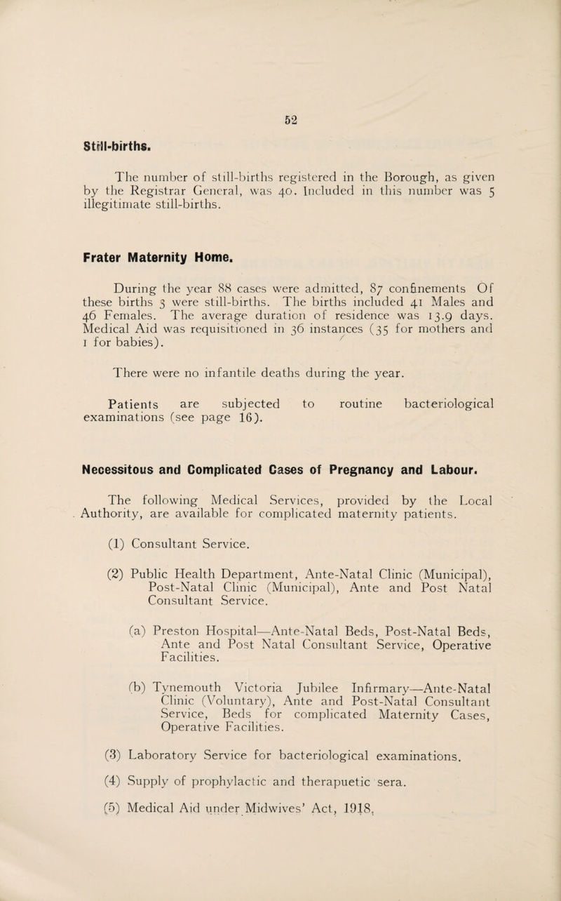 Still-births. The number of still-births registered in the Borough, as given by the Registrar General, was 40. Included in this number was 5 illegitimate still-births. Frater Maternity Home. During the year 88 cases were admitted, 87 confinements Of these births 3 were still-births. The births included 41 Males and 46 Females. The average duration of residence was 13.9 days. Medical Aid was requisitioned in 36 instances (35 for mothers and 1 for babies). There were no infantile deaths during the year. Patients are subjected to routine bacteriological examinations (see page 16). Necessitous and Complicated Cases of Pregnancy and Labour. The following Medical Services, provided by the Local Authority, are available for complicated maternity patients. (1) Consultant Service. (2) Public Health Department, Ante-Natal Clinic (Municipal), Post-Natal Clinic (Municipal), Ante and Post Natal Consultant Service. (a) Preston Hospital—Ante-Natal Beds, Post-Natal Beds, Ante and Post Natal Consultant Service, Operative Facilities. (b) Tynemouth Victoria Jubilee Infirmary—Ante-Natal Clinic (Voluntary), Ante and Post-Natal Consultant Service, Beds for complicated Maternity Cases, Operative Facilities. (3) Laboratory Service for bacteriological examinations. (4) Supply of prophylactic and therapuetic sera. (5) Medical Aid under Midwives’ Act, 1918,