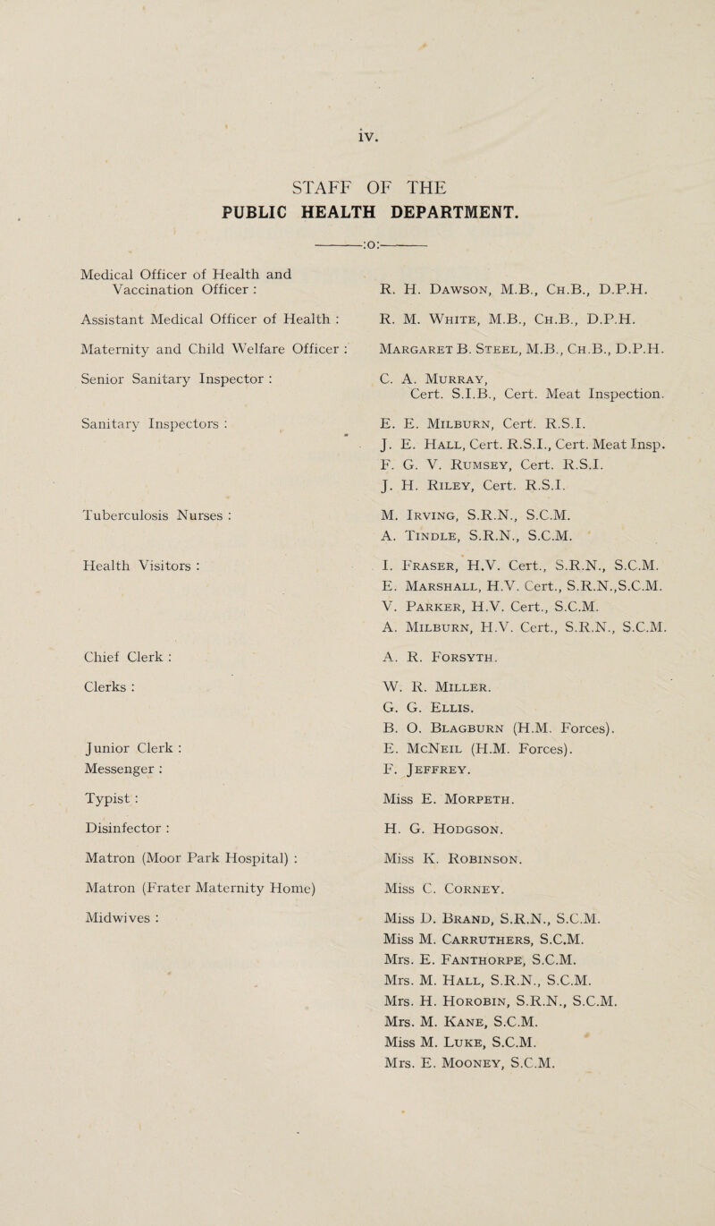 STAFF OF THE PUBLIC HEALTH DEPARTMENT. -:o:- Medical Officer of Health and Vaccination Officer : Assistant Medical Officer of Health : Maternity and Child Welfare Officer Senior Sanitary Inspector : Sanitary Inspectors : Tuberculosis Nurses : Health Visitors : Chief Clerk : Clerks : Junior Clerk : Messenger ; Typist : Disinfector : Matron (Moor Park Hospital) : Matron (Prater Maternity Home) Midwives : R. H. Dawson, M.B., Ch.B., D.P.H. R. M. White, M.B., Ch.B., D.P.H. Margaret B. Steel, M.B., Ch.B., D.P.H. C. A. Murray, Cert. S.I.B., Cert. Meat Inspection. E. E. Milburn, Cert. R.S.I. J. E. Hall, Cert. R.S.I., Cert. Meat Insp. F. G. V. Rumsey, Cert. R.S.I. J. H. Riley, Cert. R.S.I. M. Irving, S.R.N., S.C.M. A. Tindle, S.R.N., S.C.M. I. Fraser, H.V. Cert., S.R.N., S.C.M. E. Marshall, H.V. Cert., S.R.N.,S.C.M. V. Parker, H.V. Cert., S.C.M. A. Milburn, H.V. Cert., S.R.N., S.C.M. A. R. Forsyth. W. R. Miller. G. G. Ellis. B. O. Blagburn (H.M. Forces). E. McNeil (H.M. Forces). F. Jeffrey. Miss E. Morpeth. H. G. Hodgson. Miss K. Robinson. Miss C. CORNEY. Miss D. Brand, S.R.N., S.C.M. Miss M. Carruthers, S.C.M. Mrs. E. Fanthorpe, S.C.M. Mrs. M. Hall, S.R.N., S.C.M. Mrs. H. Horobin, S.R.N., S.C.M. Mrs. M. Kane, S.C.M. Miss M. Luke, S.C.M. Mrs. E. Mooney, S.C.M.
