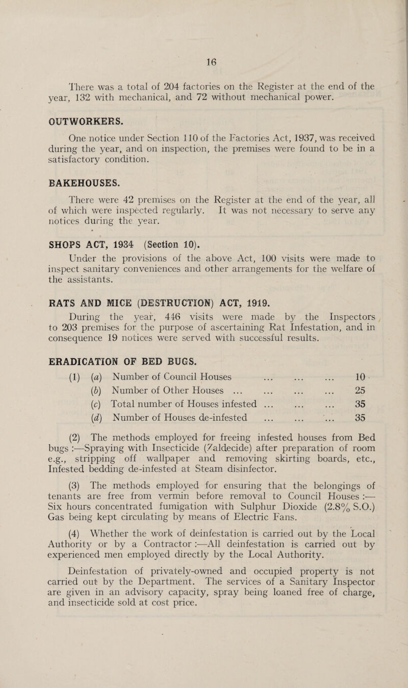 I'here was a total of 204 factories on the Register at the end of the year, 132 with mechanical, and 72 without mechanical power. OUTWORKERS. One notice under Section 110 of the Factories Act, 1937, was received during the year, and on inspection, the premises were found to be in a satisfactory condition. BAKEHOUSES. There were 42 premises on the Register at the end of the year, all of which were inspected regularly. It was not necessary to serve any notices during the year. SHOPS ACT, 1934 (Section 10). Under the provisions of the above Act, 100 visits were made to inspect sanitary conveniences and other arrangements for the welfare of the assistants. RATS AMD MICE (DESTRUCTION) ACT, 1919. During the year, 446 visits were made by the Inspectors to 203 premuses for the purpose of ascertaining Rat Infestation, and in consequence 19 notices were served with successful results. ERADICATION OF BED BUGS. (1) {a) Number of Council Houses ih) Number of Other Houses ... (c) Total number of Houses infested {d) Number of Houses de-infested 10 25 35 35 (2) The methods employed for freeing infested houses from Bed bugs :—Spra^dng with Insecticide (Zaldecide) after preparation of room e.g., stripping off wallpaper and removing skirting boards, etc.. Infested bedding de-infested at Steam disinfector. (3) The methods employed for ensuring that the belongings of tenants are free from vermin before removal to Council Houses :— Six hours concentrated fumigation with Sulphur Dioxide (2.8% S.O.) Gas being kept circulating by means of Electric Fans. (4) Whether the work of deinfestation is carried out by the Local Authority or by a Contractor :—All deinfestation is carried out by experienced men employed directly by the Local Authority. Deinfestation of privately-owned and occupied property is not carried out by the Department. The services of a Sanitary Inspector are given in an advisory capacity, spray being loaned free of charge, and insecticide sold at cost price.