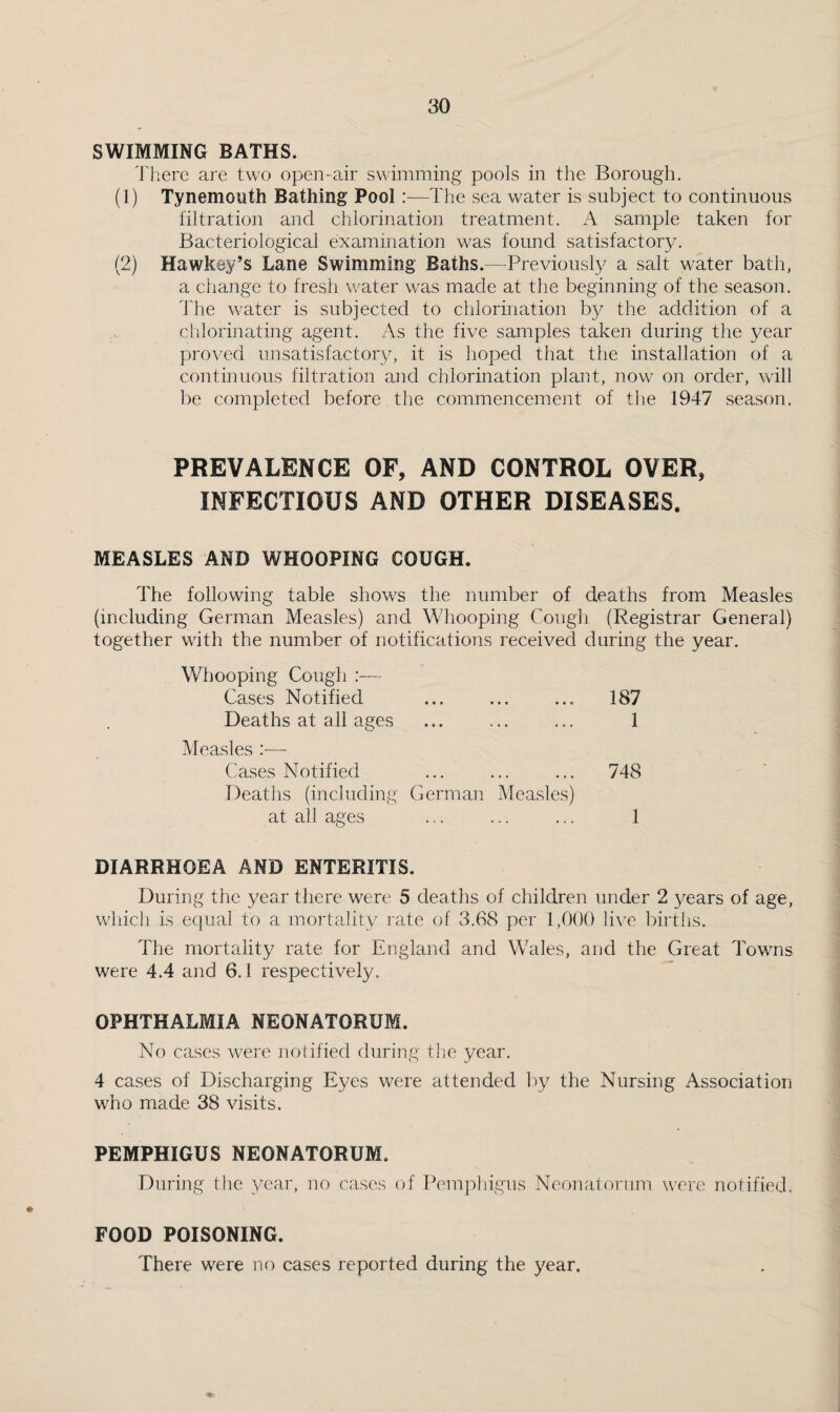 SWIMMING BATHS. I'herc are two open-air swimming pools in the Borough. (1) Tynemouth Bathing Pool:—The sea water is subject to continuous filtration and chlorination treatment. A sample taken for Bacteriological examination was found satisfactory. (2) Hawkey’s Lane Swimming Baths.—Previously a salt water bath, a change to fresh w^ater w^as made at the beginning of the season, 'hhe w^ater is subjected to chlorination b}^ the addition of a chlorinating agent. As the five samples taken during the year proved unsatisfactory, it is hoped that the installation of a continuous filtration and chlorination plant, now on order, will be completed before the commencement of the 1947 season. PREVALENCE OF, AND CONTROL OVER, INFECTIOUS AND OTHER DISEASES. MEASLES AND WHOOPING COUGH. The following table show^s the number of deaths from Measles (including German Measles) and Whooping Cough (Registrar General) together wath the number of notifications received during the year. Whooping Cough :— Cases Notified ... ... ... 187 Deaths at all ages ... ... ... 1 Measles :— Cases Notified ... ... ... 748 Deaths (including German Measles) at all ages ... ... ... 1 DIARRHOEA AND ENTERITIS. During the year there were 5 deaths of children under 2 years of age, w'hicli is equal to a mortality I'ate of 3.68 per 1,000 live birtfis. The mortality rate for England and Wales, and the Great Towns were 4.4 and 6.1 respectively. OPHTHALMIA NEONATORUM. No cases w^ere iiotified during tlie year. 4 cases of Discharging Eyes were attended l)y the Nursing Association wTo made 38 visits. PEMPHIGUS NEONATORUM. During the year, no cases of Pempliigus Neonatorum wnre notified. FOOD POISONING. There were no cases reported during the year.
