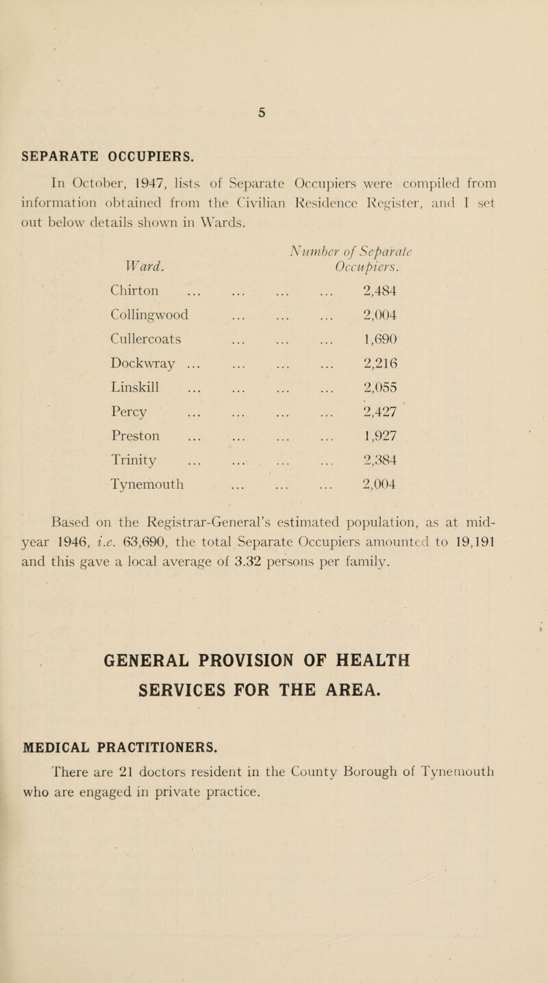 SEPARATE OCCUPIERS. In October, 1947, lists of Separate Occupiers were compiled from information obtained from the Civilian Residence Register, and I set out below details shown in Wards. Ward. Chirton Collingwood Cullercoats Dockwray ... Linskill Percy Preston Trinity Tynemouth Number of Separate Occupiers. 2,484 2,004 1,690 2,216 2,055 2,427 1,927 2,384 2,004 Based on the Registrar-General’s estimated population, as at mid¬ year 1946, i.e. 63,690, the total Separate Occupiers amounted to 19,191 and this gave a local average of 3.32 persons per family. GENERAL PROVISION OF HEALTH SERVICES FOR THE AREA. MEDICAL PRACTITIONERS. There are 21 doctors resident in the County Borough of Tynemouth who are engaged in private practice.