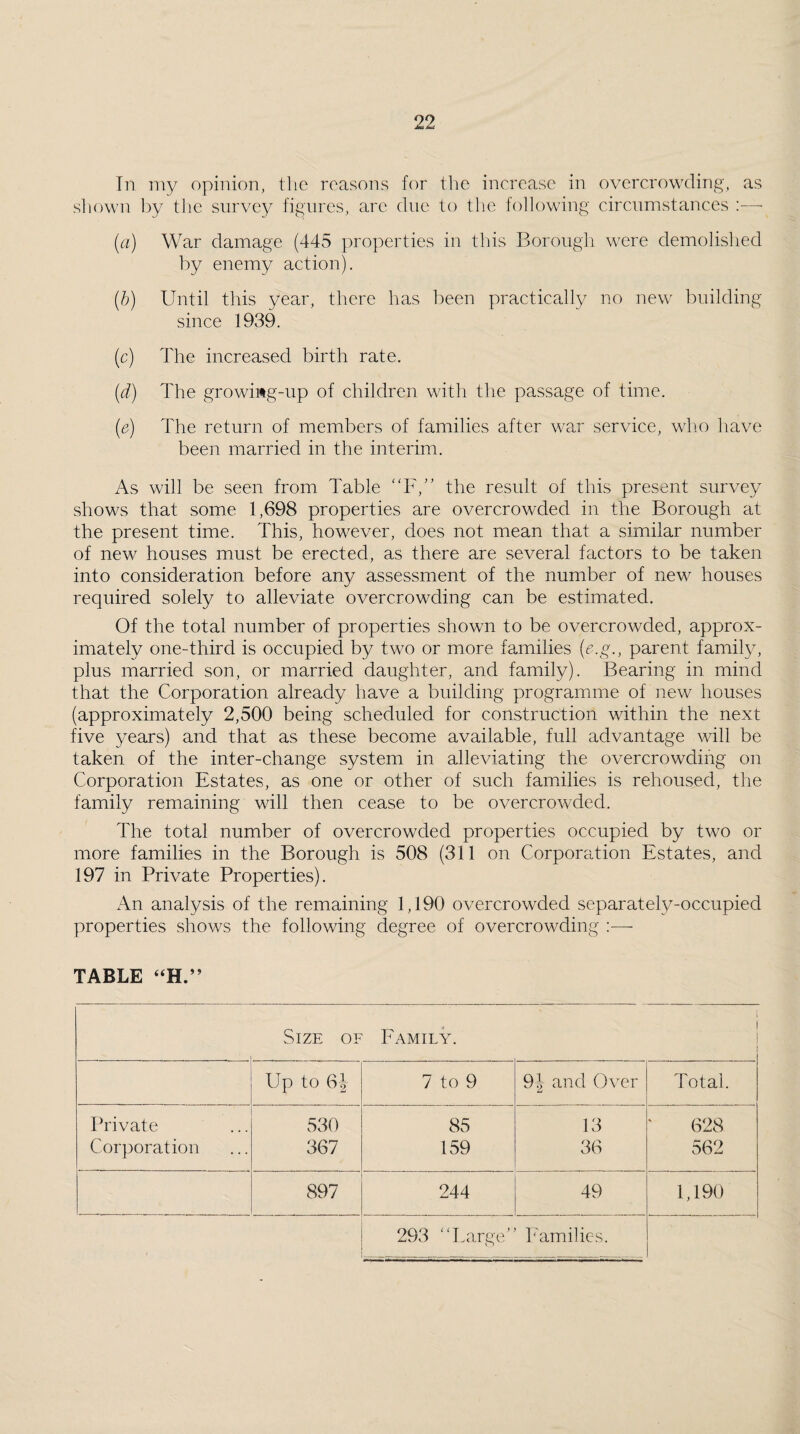 In my opinion, the reasons for the increase in overcrowding, as shown by the survey figures, arc due to the following circumstances :— (a) War damage (445 properties in this Borough were demolished by enemy action). (b) Until this year, there has been practically no new building since 1939. (c) The increased birth rate. (d) The growing-up of children with the passage of time. (e) The return of members of families after war service, who have been married in the interim. As will be seen from Table “F,” the result of this present survey shows that some 1,698 properties are overcrowded in the Borough at the present time. This, however, does not mean that a similar number of new houses must be erected, as there are several factors to be taken into consideration before any assessment of the number of new houses required solely to alleviate overcrowding can be estimated. Of the total number of properties shown to be overcrowded, approx¬ imately one-third is occupied by two or more families (e.g., parent family, plus married son, or married daughter, and family). Bearing in mind that the Corporation already have a building programme of new houses (approximately 2,500 being scheduled for construction within the next five years) and that as these become available, full advantage will be taken of the inter-change system in alleviating the overcrowding on Corporation Estates, as one or other of such families is rehoused, the family remaining will then cease to be overcrowded. The total number of overcrowded properties occupied by two or more families in the Borough is 508 (311 on Corporation Estates, and 197 in Private Properties). An analysis of the remaining 1,190 overcrowded separately-occupied properties shows the following degree of overcrowding TABLE “H.” i Size of Family. 1 Up to 7 to 9 94 and Over Total. Private 530 85 13 628 Corporation 367 159 36 562 897 244 49 1,190 293 “Large' Families.