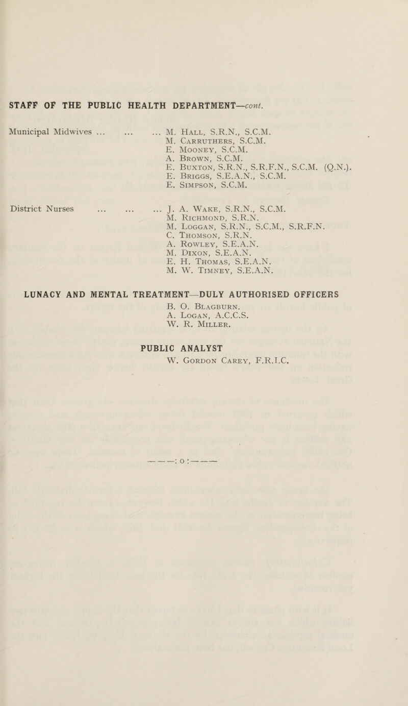 STAFF OF THE PUBLIC HEALTH DEPARTMENT—cow/. Municipal Midwives ... ... ... M. Hall, S.R.N., S.C.M. M. Carruthers, S.C.M. E. Mooney, S.C.M. A. Brown, S.C.M. E. Buxton, S.R.N., S.R.F.N., S.C.M. (Q.N.). E. Briggs, S.E.A.N., S.C.M. E. Simpson, S.C.M. District Nurses ... ... ... J. A. Wake, S.R.N., S.C.M. M. Richmond, S.R.N. M. Loggan, S.R.N., S.C.M., S.R.F.N. C. Thomson, S.R.N. A. Rowley, S.E.A.N. M. Dixon, S.E.A.N. E. H. Thomas, S.E.A.N. M. W. Timney, S.E.A.N. LUNACY AND MENTAL TREATMENT—DULY AUTHORISED OFFICERS B. O. Blagburn. A. Logan, A.C.C.S. W. R. Miller. PUBLIC ANALYST W. Gordon Carey, F.R.I.C.