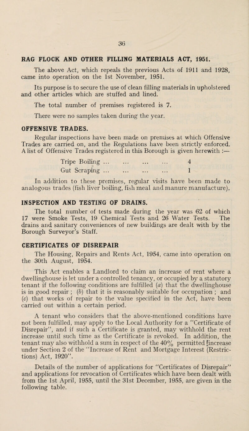 RAG FLOCK AND OTHER FILLING MATERIALS ACT, 1951. The above Act, which repeals the previous Acts of 1911 and 1928, came into operation on the 1st November, 1951. Its purpose is to secure the use of clean filling materials in upholstered and other articles which are stuffed and lined. The total number of premises registered is 7. There were no samples taken during the year. OFFENSIVE TRADES. Regular inspections have been made on premises at which Offensive Trades are carried on, and the Regulations have been strictly enforced. A list of Offensive Trades registered in this Borough is given herewith :— Tripe Boiling ... ... ... ... 4 Gut Scraping ... ... ... ... 1 In addition to these premises, regular visits have been made to analogous trades (fish liver boiling, fish meal and manure manufacture). INSPECTION AND TESTING OF DRAINS. The total number of tests made during the year was 62 of which 17 were Smoke Tests, 19 Chemical Tests and 26 Water Tests. The drains and sanitary conveniences of new buildings are dealt with by the Borough Surveyor's Staff. CERTIFICATES OF DISREPAIR The Housing, Repairs and Rents Act, 1954, came into operation on the 30th August, 1954. This Act enables a Landlord to claim an increase of rent where a dwellinghouse is let under a controlled tenancy, or occupied by a statutory tenant if the following conditions are fulfilled (a) that the dwellinghouse is in good repair ; (d) that it is reasonably suitable for occupation ; and (c) that works of repair to the value specified in the Act, have been carried out within a certain period. A tenant who considers that the above-mentioned conditions have not been fulfilled, may apply to the Local Authority for a ''Certificate of Disrepair, and if such a Certificate is granted, may withhold the rent increase until such time as the Certificate is revoked. In addition, the tenant may also withhold a sum in respect of the 40% permitted fincrease under Section 2 of the Increase of Rent and Mortgage Interest (Restric¬ tions) Act, 1920. Details of the number of applications for Certificates of Disrepair and applications for revocation of Certificates which have been dealt with from the 1st April, 1955, until the 31st December, 1955, are given in the following table.